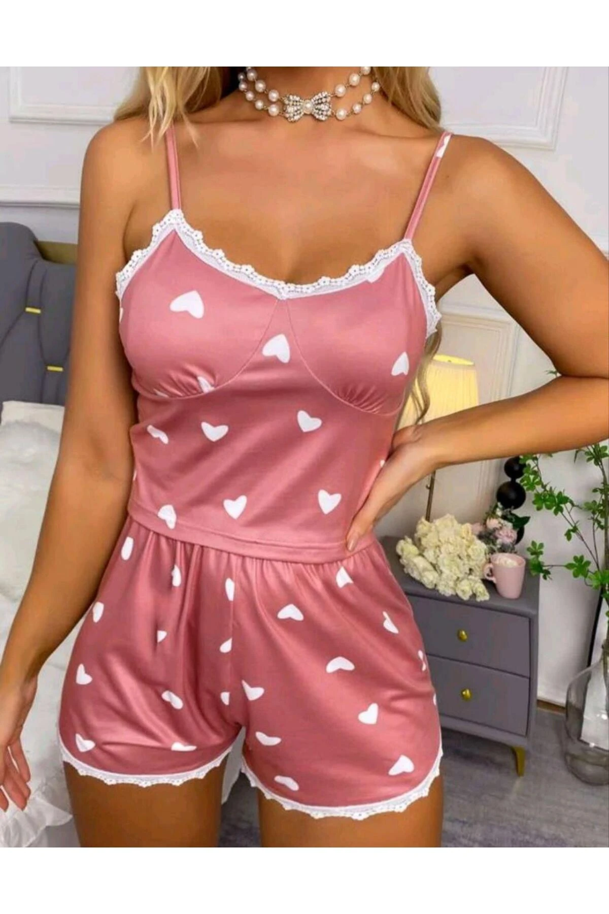 Kadın Pudra Kalp Desenli  Gecelik Takım 5019