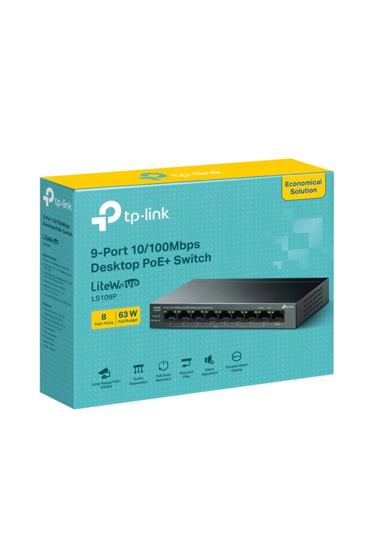 TP-LINK LS109P 8 PORT 10/100 +1 PORT RJ45 UPLINK 63W 250 METRE POE MESAFE METAL KASA SWITCH