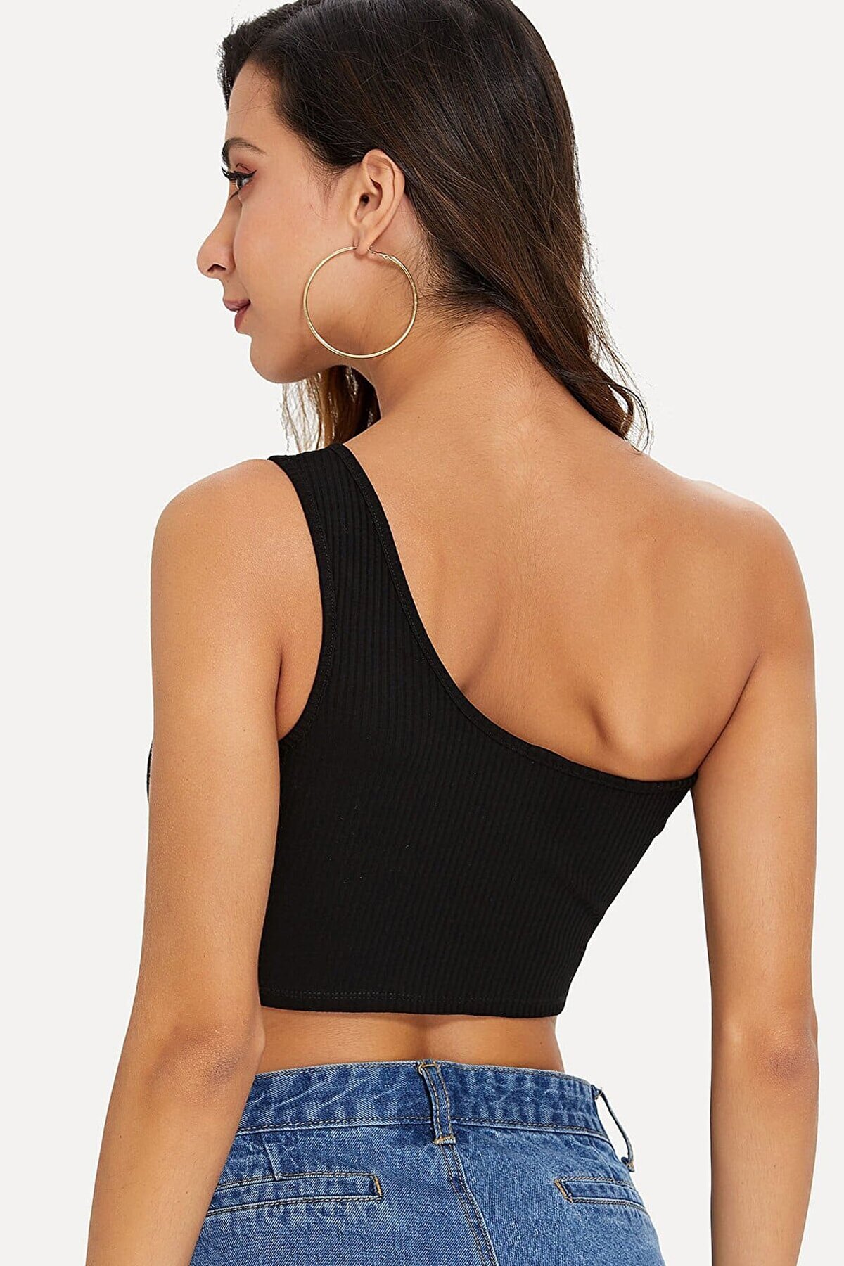 Kadın Siyah Tek Omuz Crop Büstiyer – Modern ve Şık Tasarım