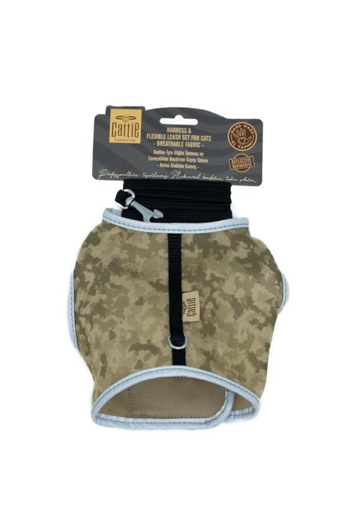 Cattie Havalı Dokuma Kedi Göğüs ve Gezdirme Takımı Medium Kamuflaj 1x25-35 Cm