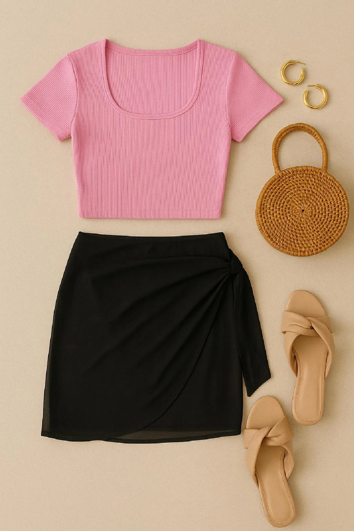 Kadın Pembe Yarım Kol Crop ve Siyah Pareo 2'li Set – Modern ve Şık Tasarım