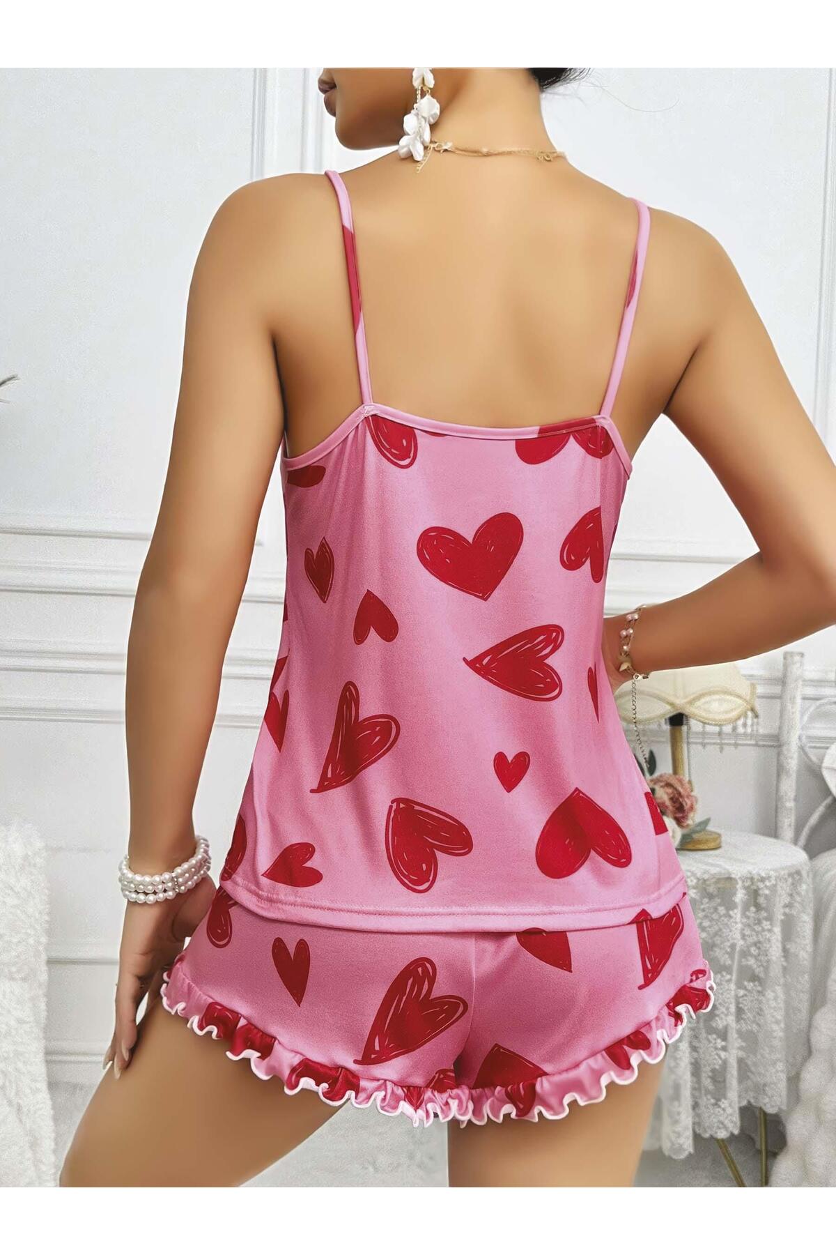 Mulvxbrf Brf02 Kadın Pembe Kalp Baskılı Şortlu Gecelik Pijama Takımı 5050 (Mulvix)