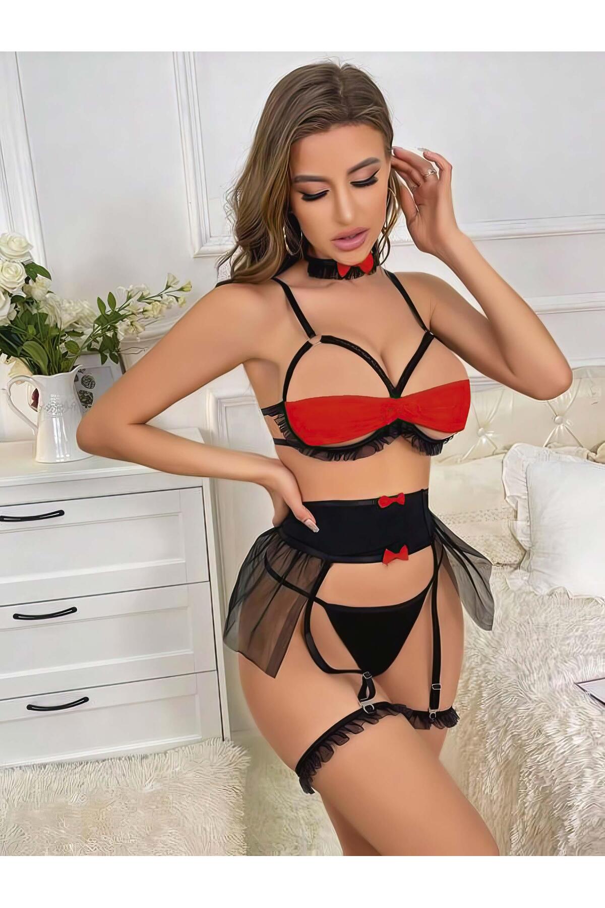 Kadın Siyah Tül Detaylı Göğüs Bandlı Fantezi Kostüm 2049