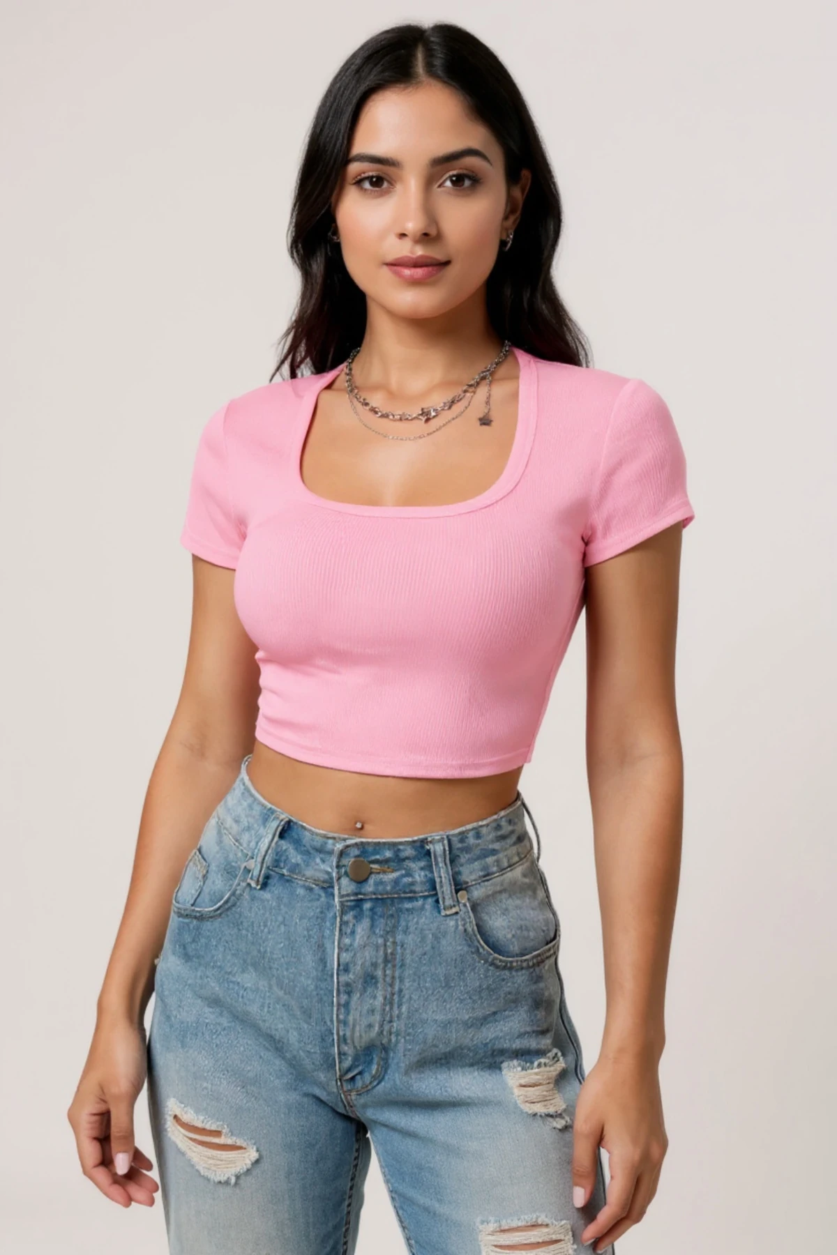 Kadın Pembe Yarım Kol Düz Yaka Crop Top Bluz – Şık, Rahat ve Kolay Kombinlenebilir