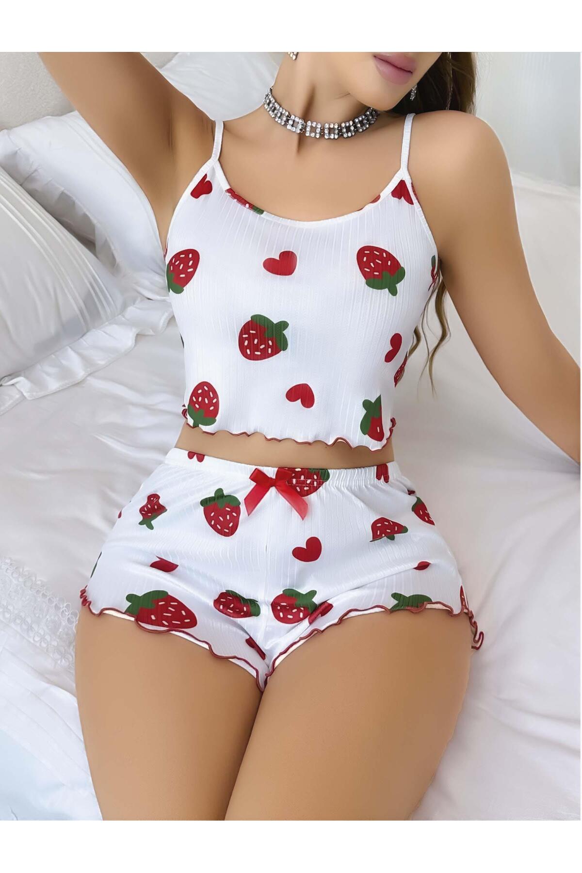 Mulvxbrf Brf02 Kadın Beyaz Çilek Desenli Şortlu Pijama Takımı 5053 (Mulvix)