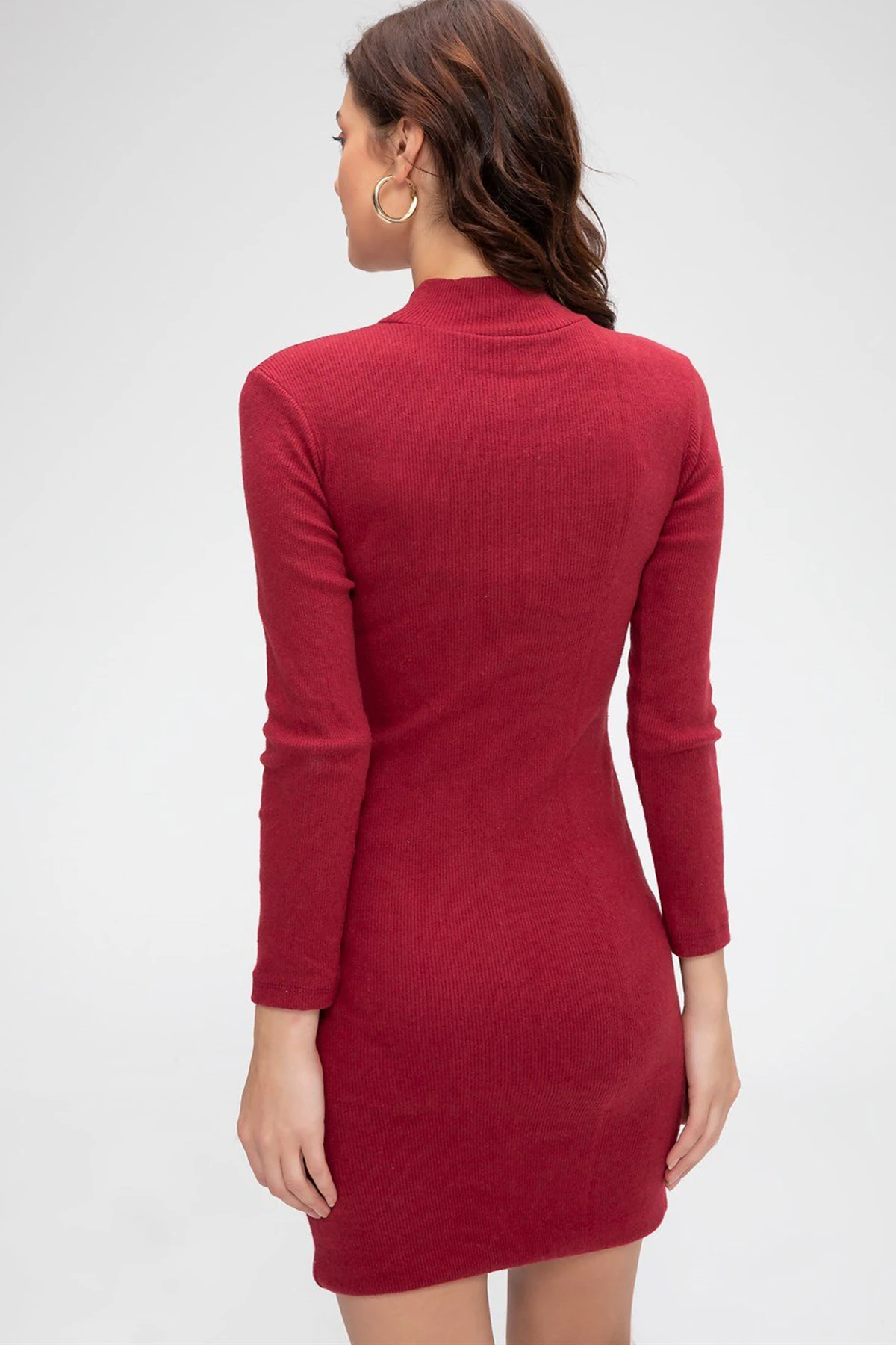 Kadın Bordo Kaşkorse Balıkçı Yaka Uzun Kollu Bodycon Mini Elbise – Şık, Rahat ve 4 Mevsim