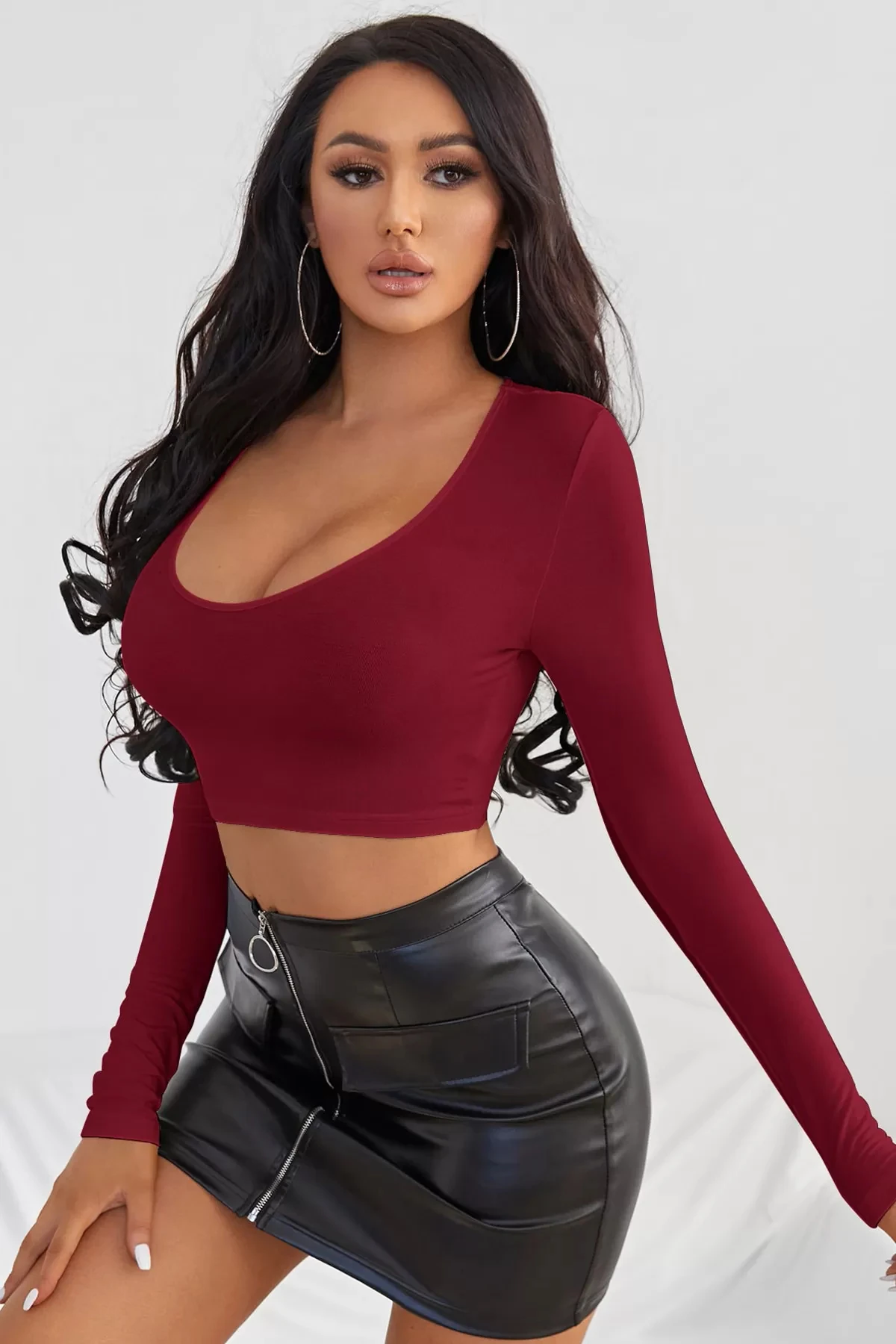 Kadın Bordo Uzun Kol Crop Top Bluz Kare Yaka