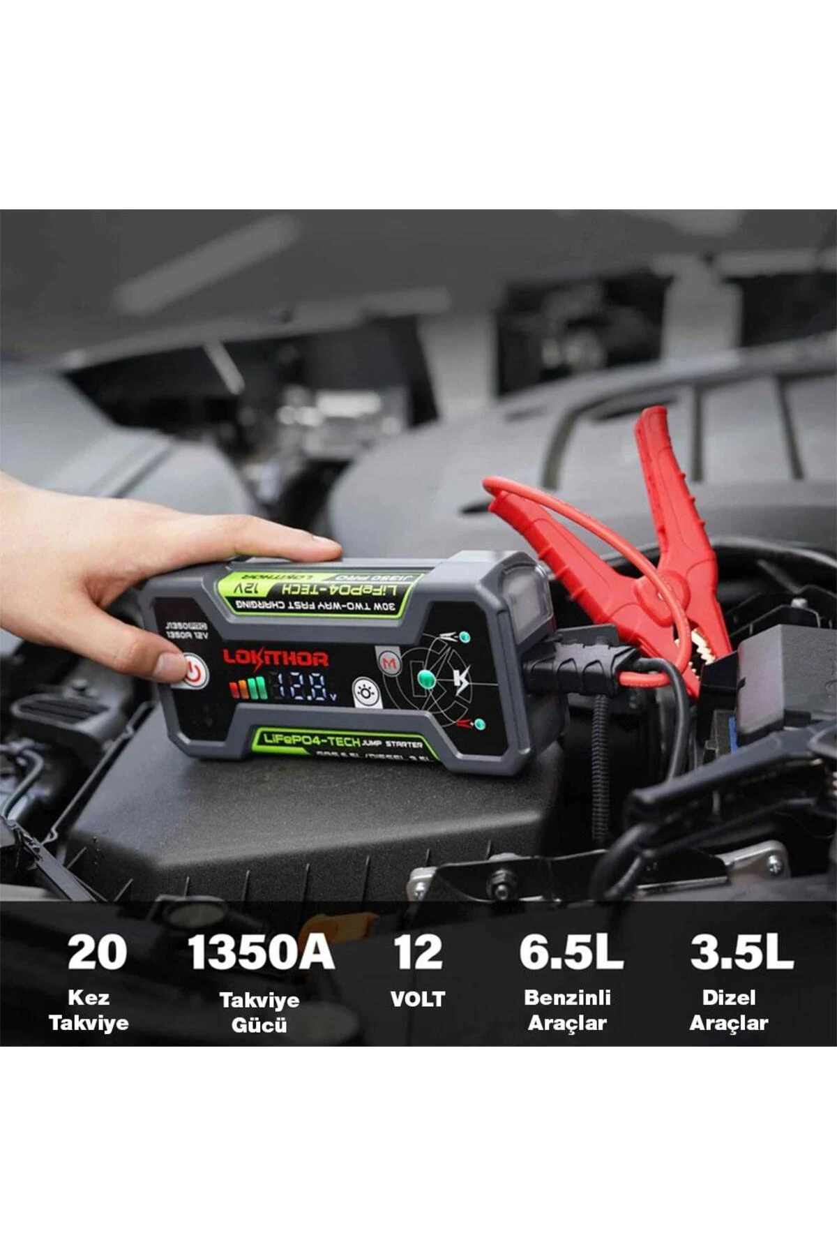 Lokithor J1350PRO 12V 1350Amp LiFePO4 Akıllı Akü Takviye + Powerbank + Led Lamba