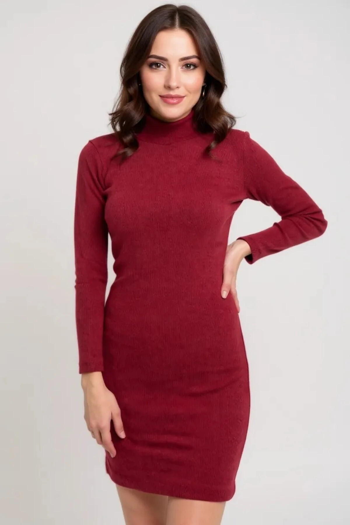 Kadın Bordo Kaşkorse Balıkçı Yaka Uzun Kollu Bodycon Mini Elbise – Şık, Rahat ve 4 Mevsim
