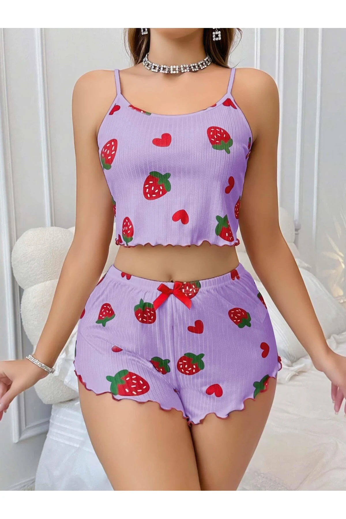 Kadın Mor Çilek desenli Şortlu Pijama Takımı 5061
