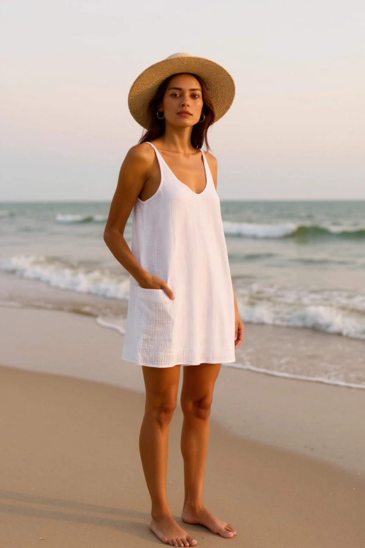 Kadın Beyaz Mini Cepli Tulum Plaj Elbisesi – Şık, Rahat ve 4 Mevsim Kullanıma Uygun