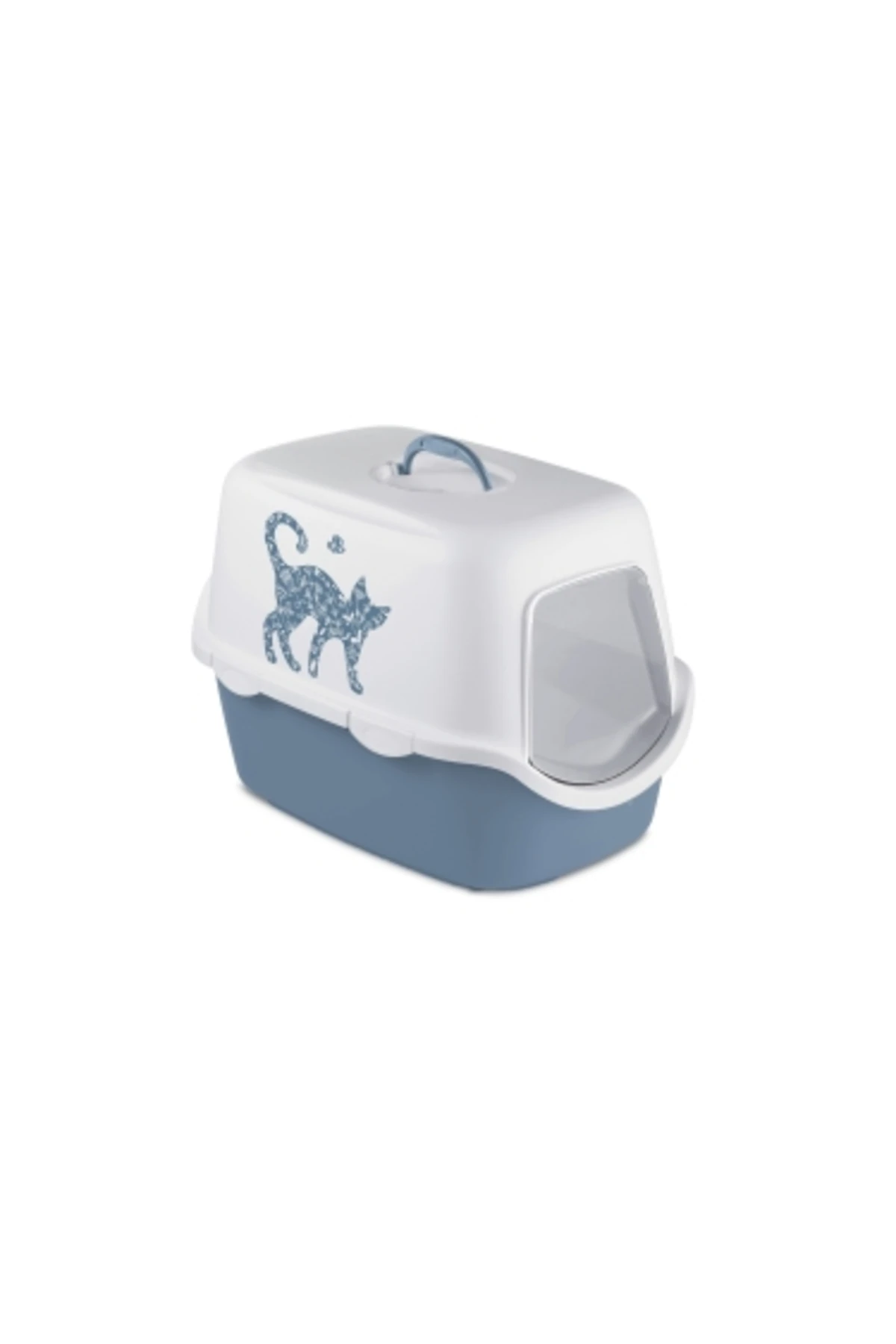 Cathy Griffe Kedi Desenli Kapalı Kedi Tuvaleti Beyaz/Mavi 56x40x40 Cm