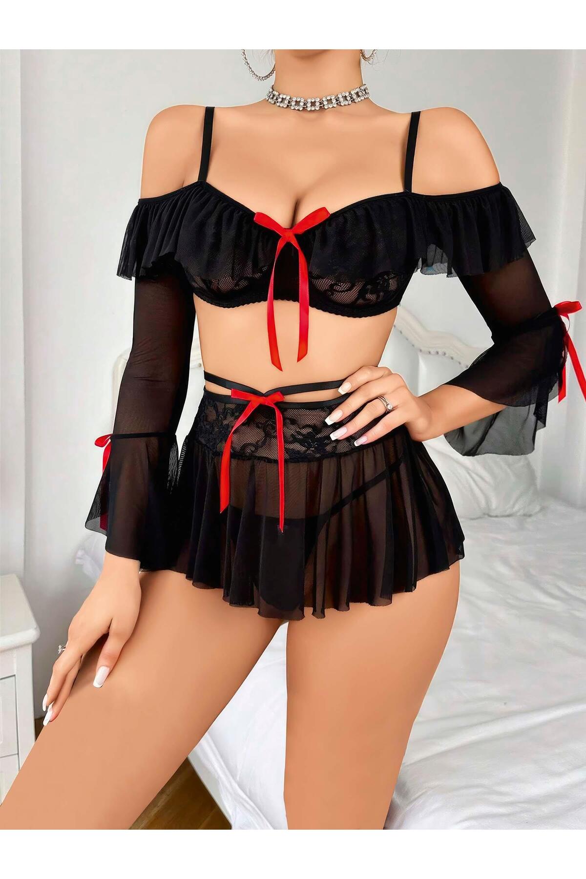 eyesof Kadın Siyah Etek Bustiyer Sexy Gecelik Takım 2157