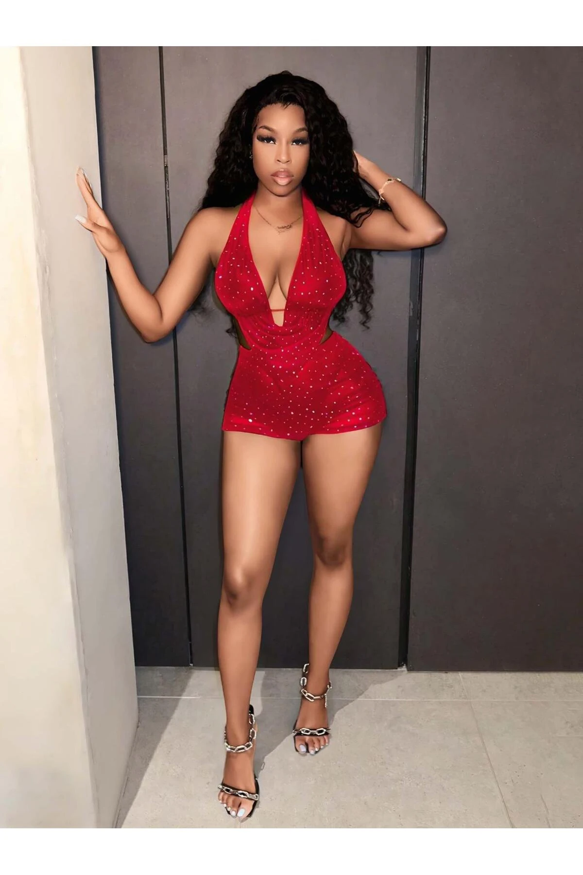 Way Moda Kırmızı Parlak Dekolteli Fantezi Clup elbisesi 6674