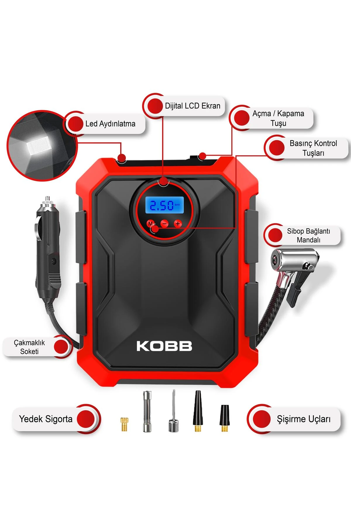 KB200 12Volt 150 PSI Ayarlanabilir Dijital Basınç Göstergeli Hava Lastik Şişirme Pompası