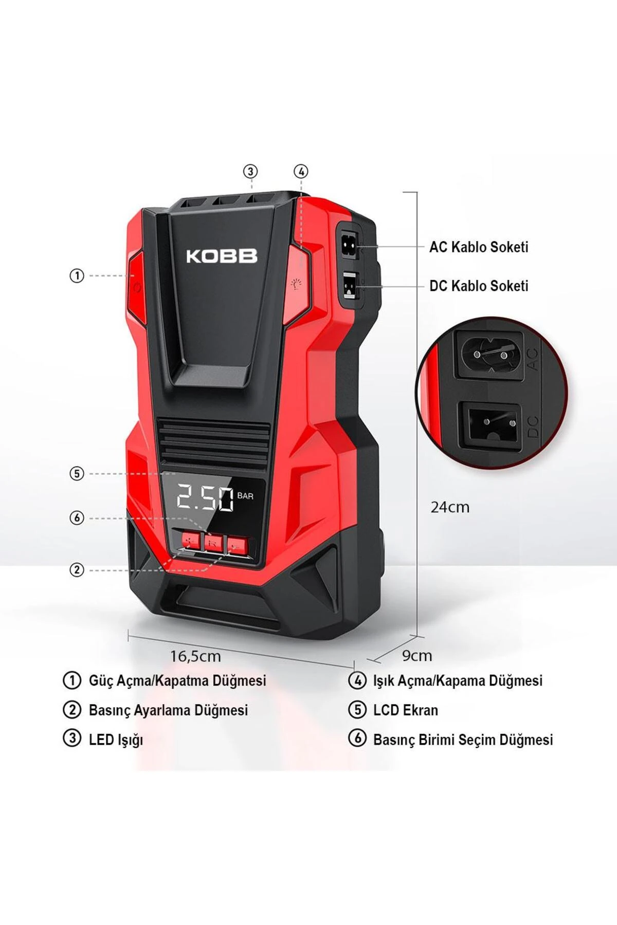 KOBB KB220 12Volt/220Volt 150 PSI Dijital Basınç Göstergeli Lastik Şişirme Pompası