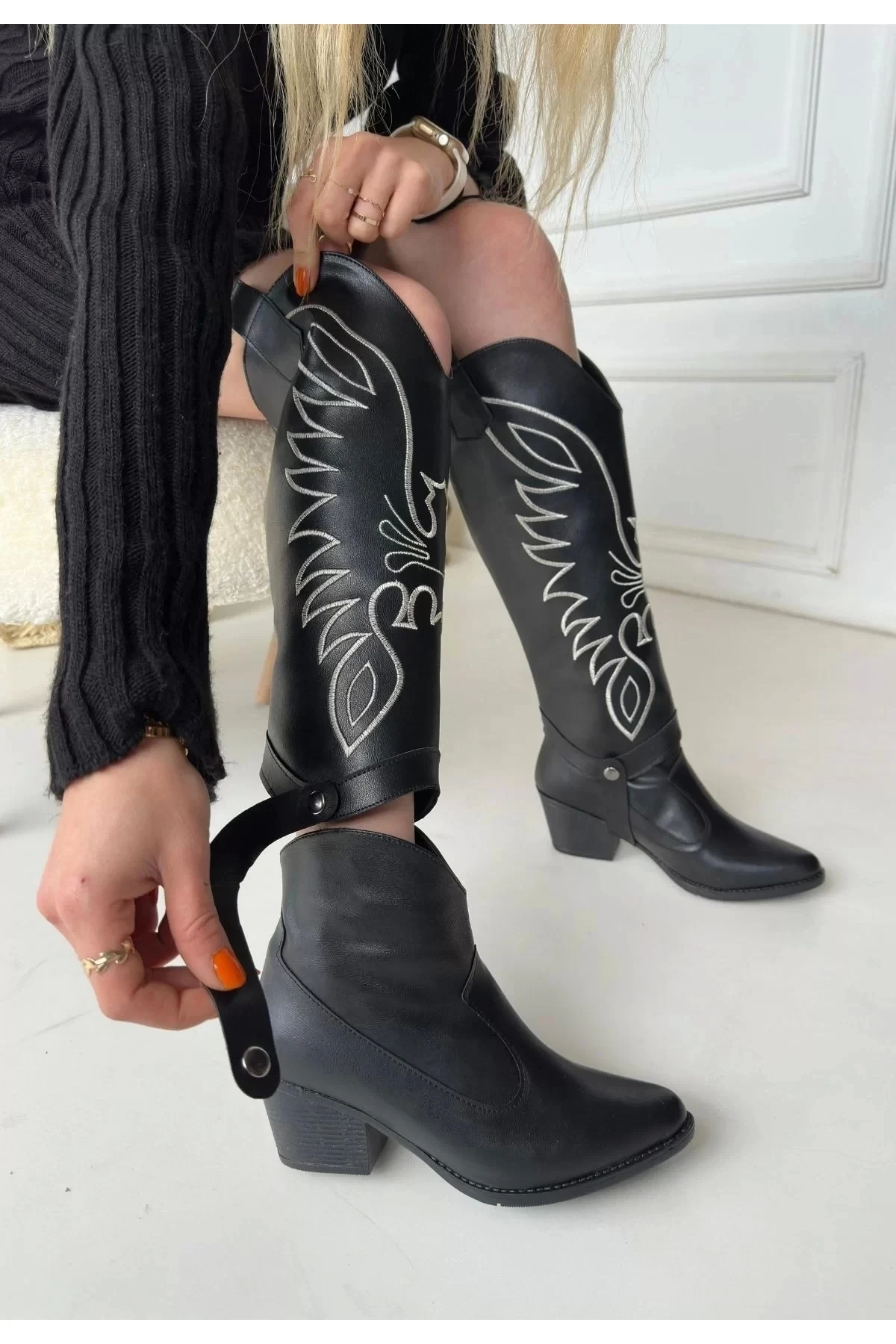 Jilla Siyah Cilt Tak Çıkar Topuklu Bot Ve Çizme