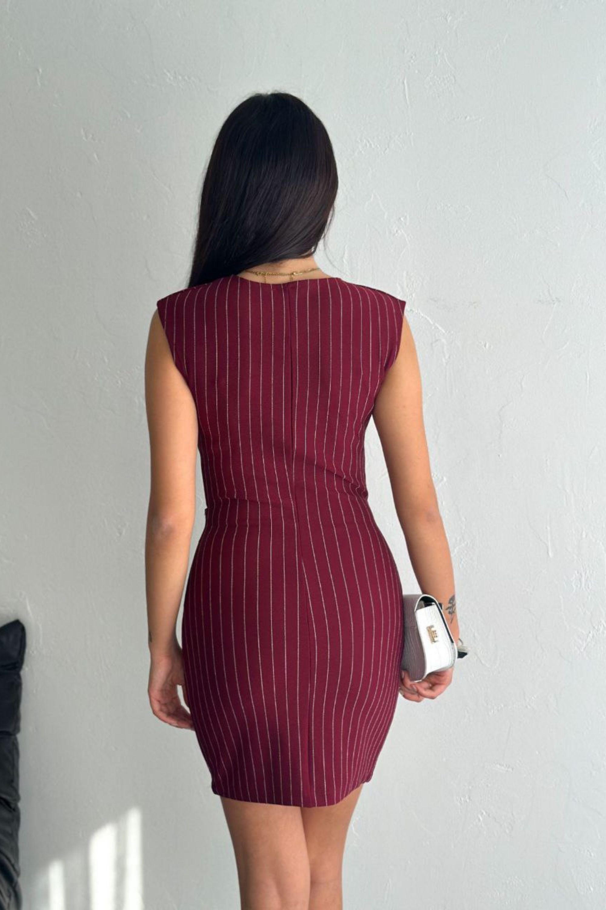 Kuşak Detaylı Çizgili Mini Elbise DNV-000077