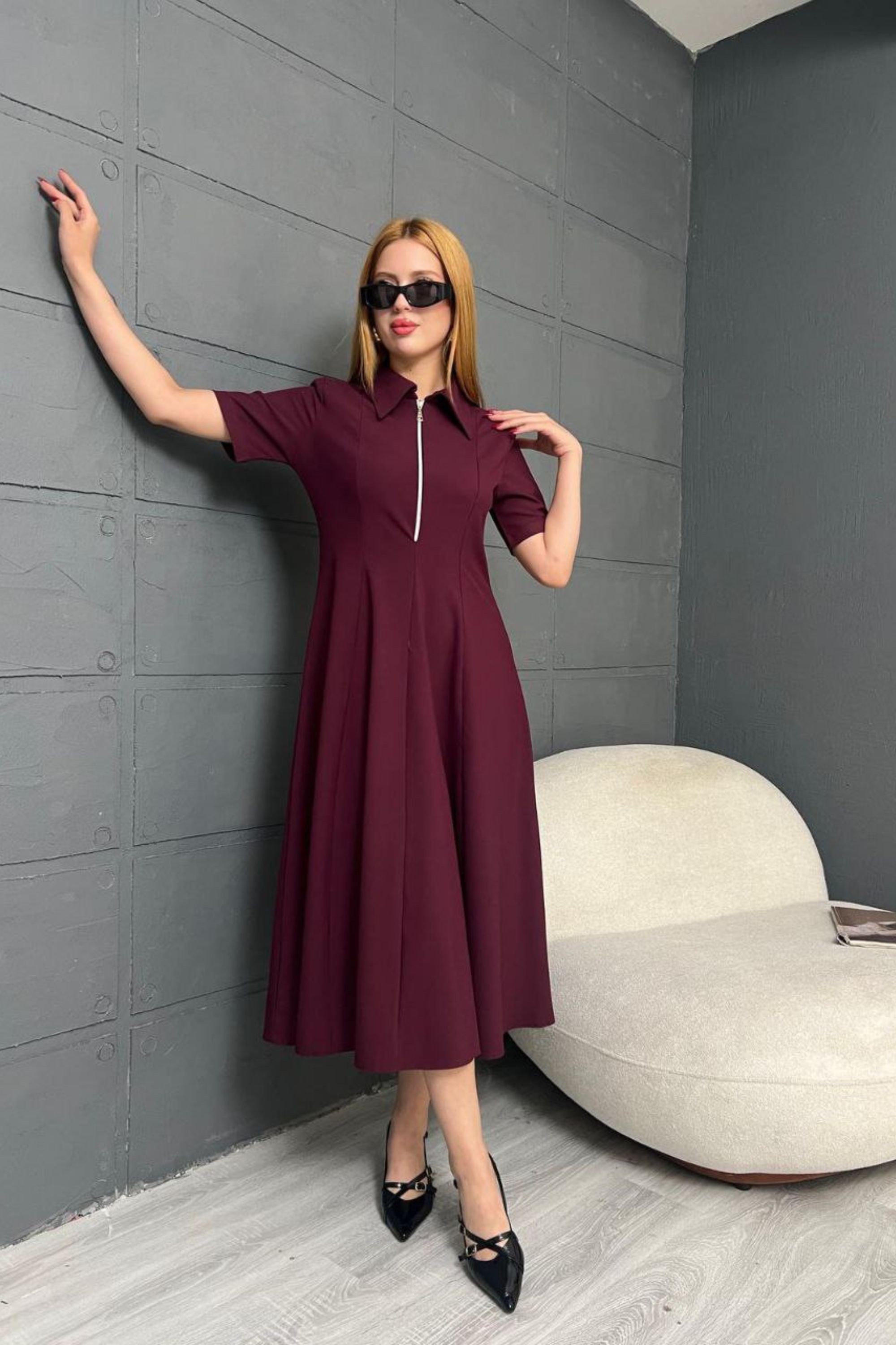 Fermuar Detaylı Fit ve Flare Elbise DNV-000073