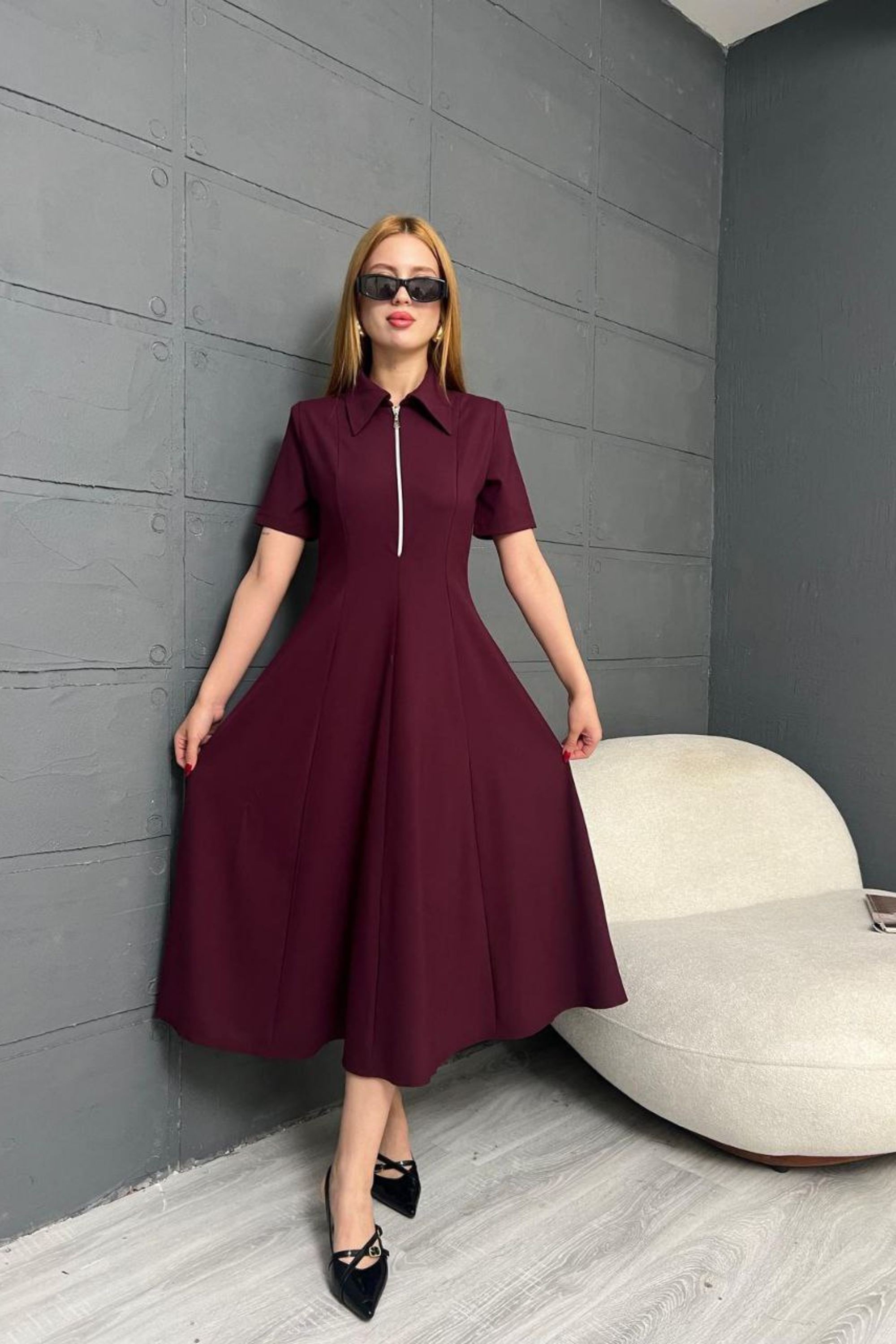 Fermuar Detaylı Fit ve Flare Elbise DNV-000073