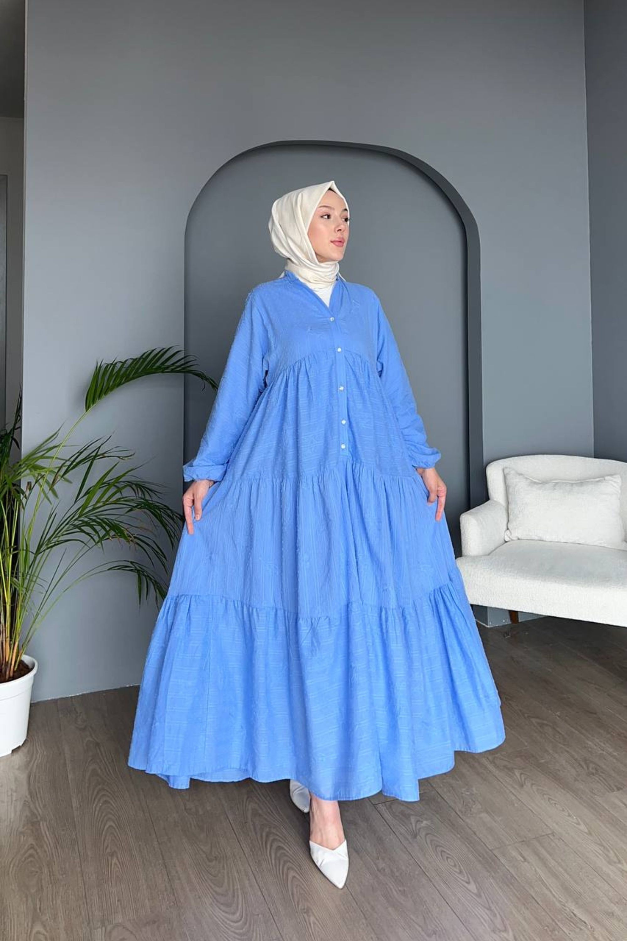Modern Çizgili Dokuma Tesettür Elbise – Oversize ve Konforlu Kesim DNV-000046