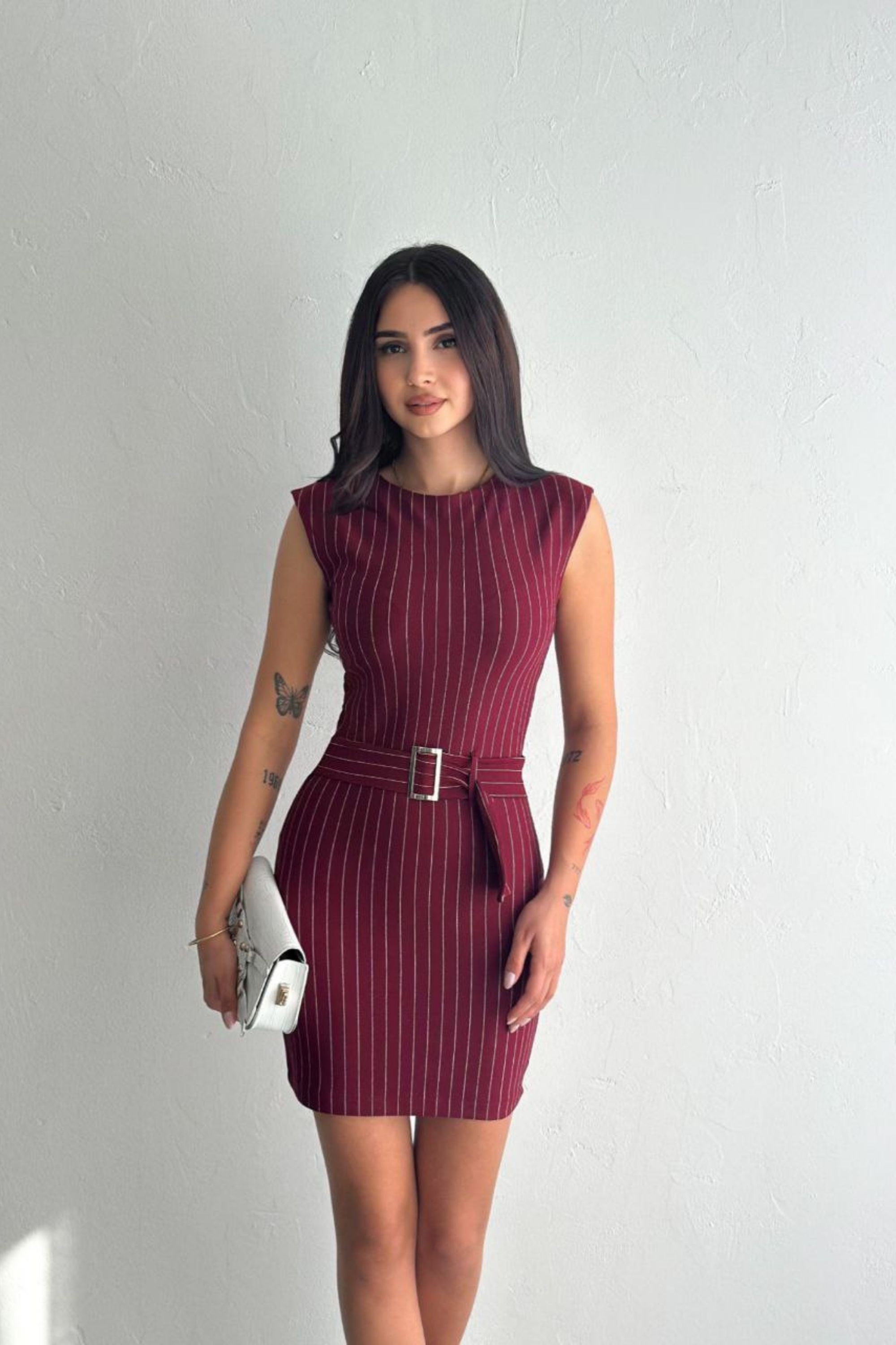 Kuşak Detaylı Çizgili Mini Elbise DNV-000077
