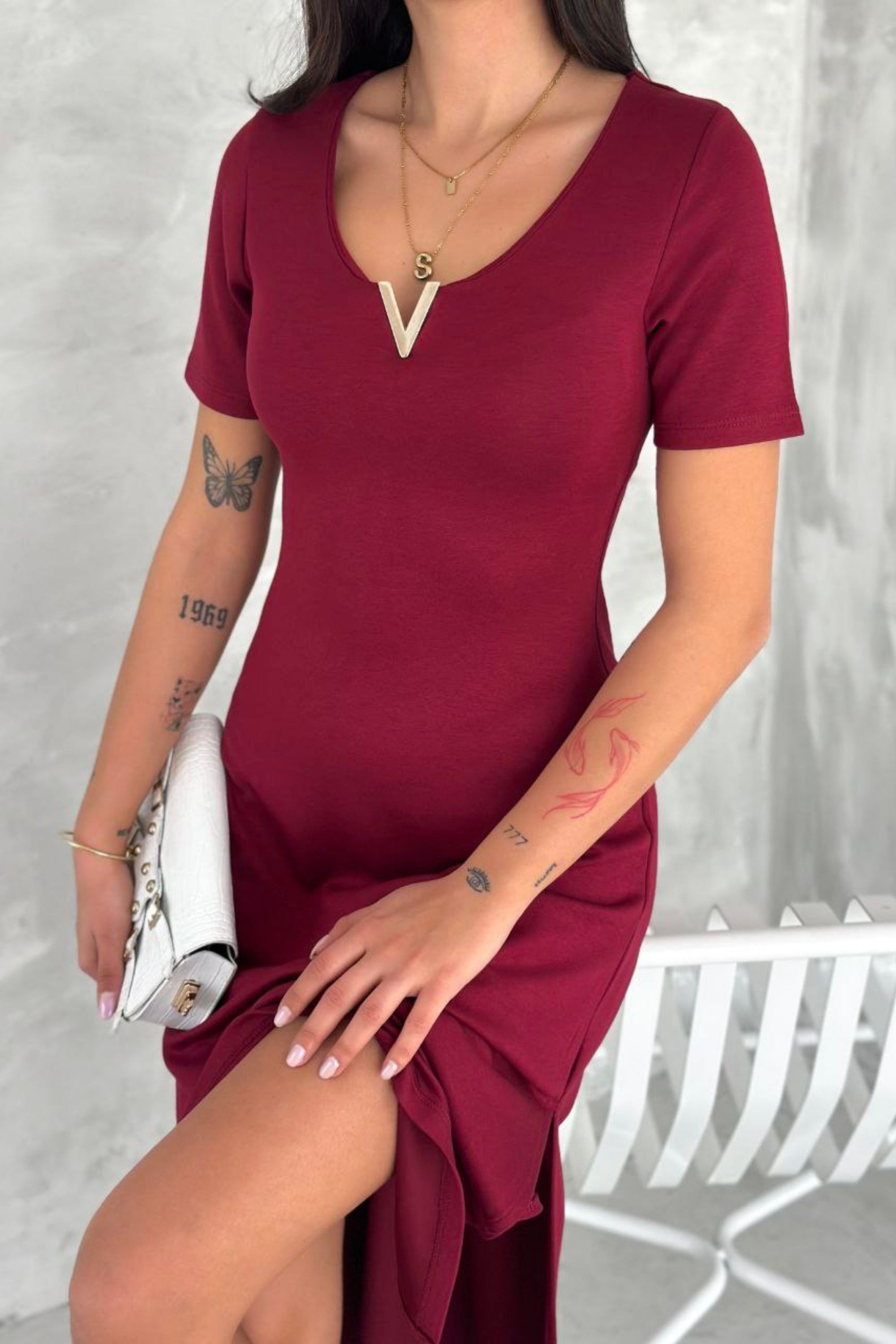 V Yaka Fit Kesim Basic Elbise DNV-000078