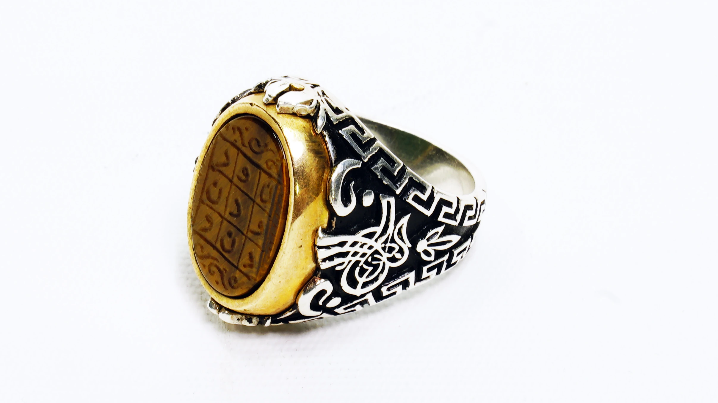 Çift Taraflı Nur Tılsımı ve Hz Süleyman Mührü Kaplan Gözü ve Akik Taşlı Gümüş Erkek Yüzük