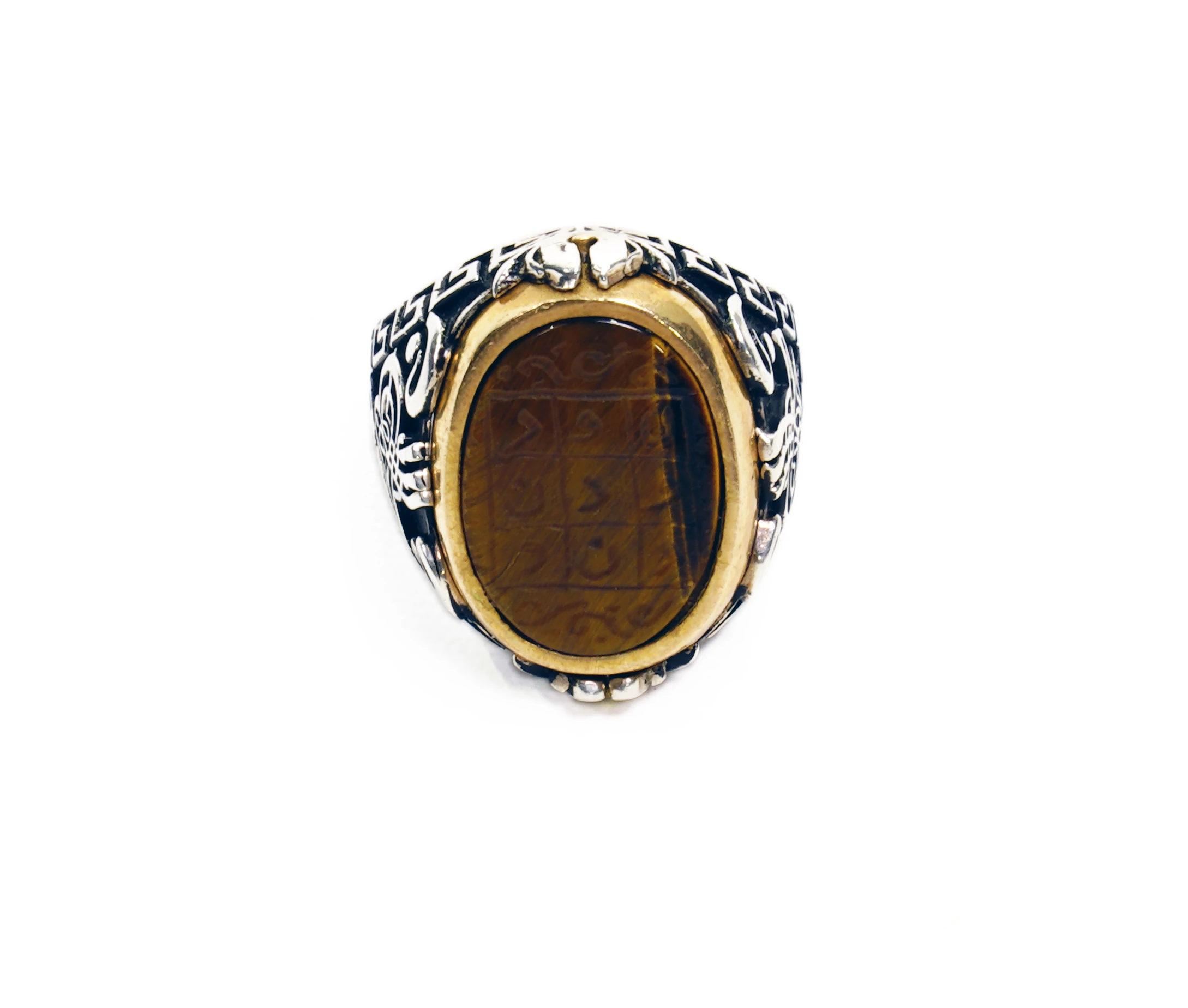 Çift Taraflı Nur Tılsımı ve Hz Süleyman Mührü Kaplan Gözü ve Akik Taşlı Gümüş Erkek Yüzük