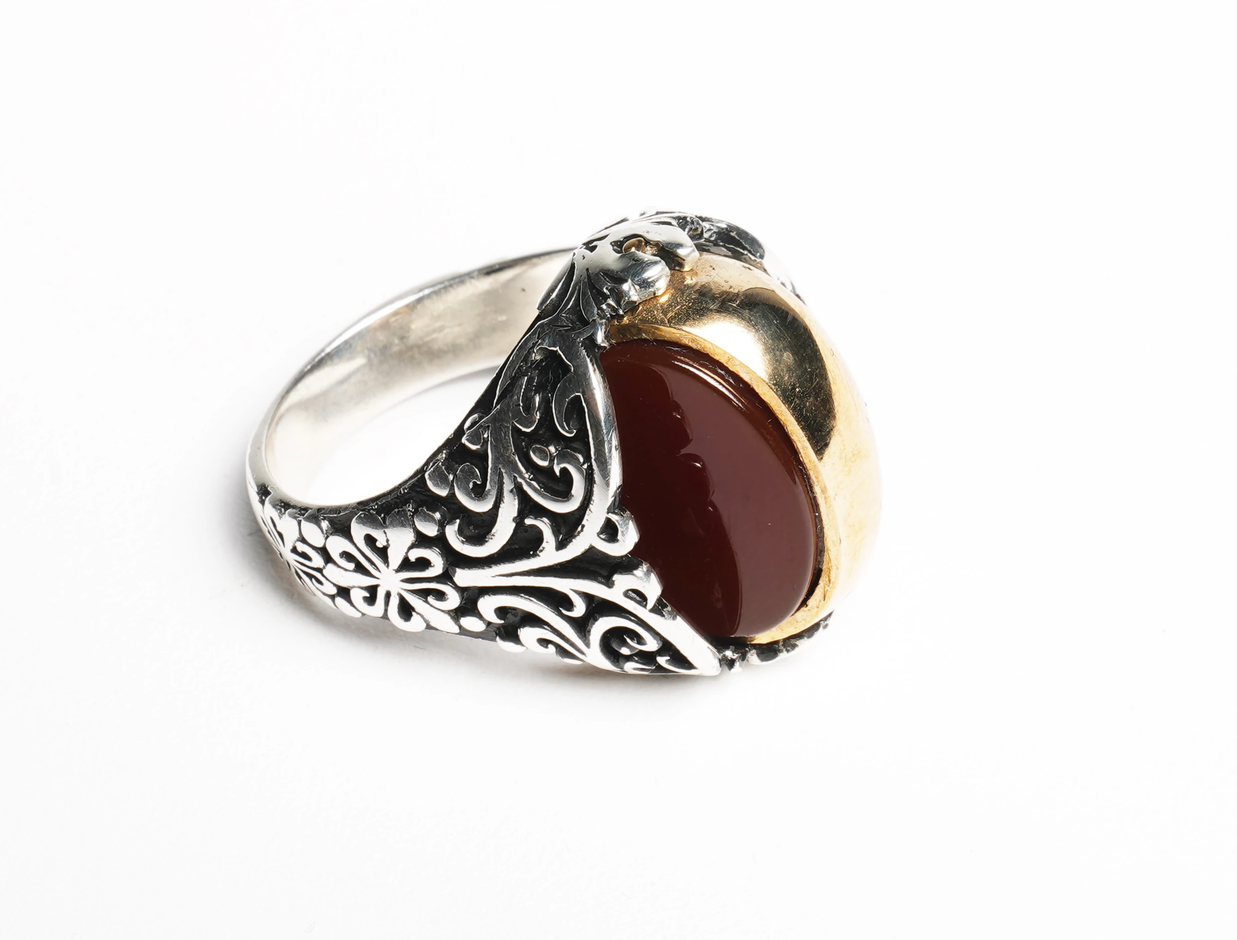 Çift Taraflı Hz. Süleyman Mührü ve Bordo Akik Taşlı Gümüş Erkek Yüzük