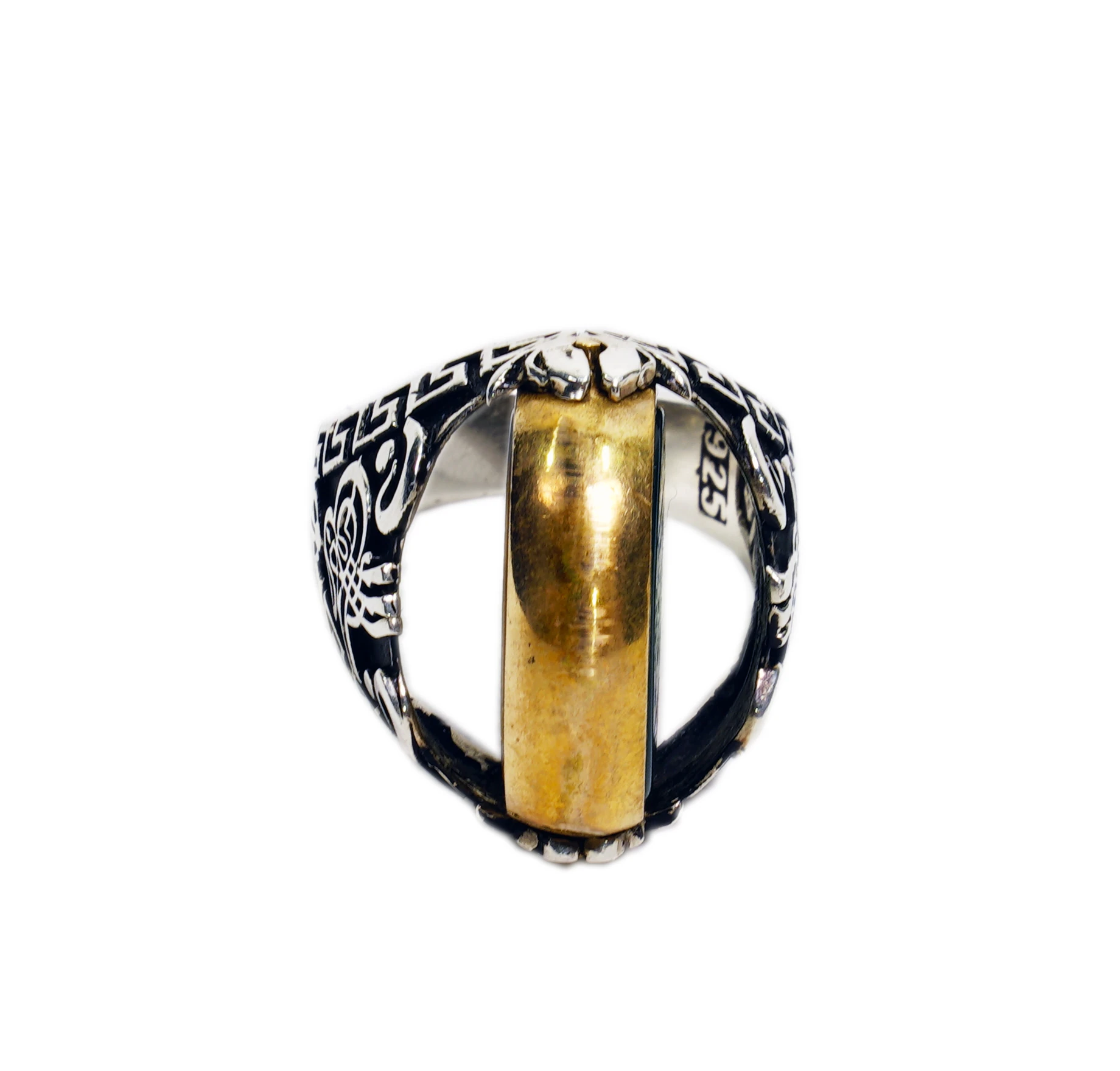 Çift Taraflı Nur Tılsımı ve Hz Süleyman Mührü Kaplan Gözü ve Akik Taşlı Gümüş Erkek Yüzük