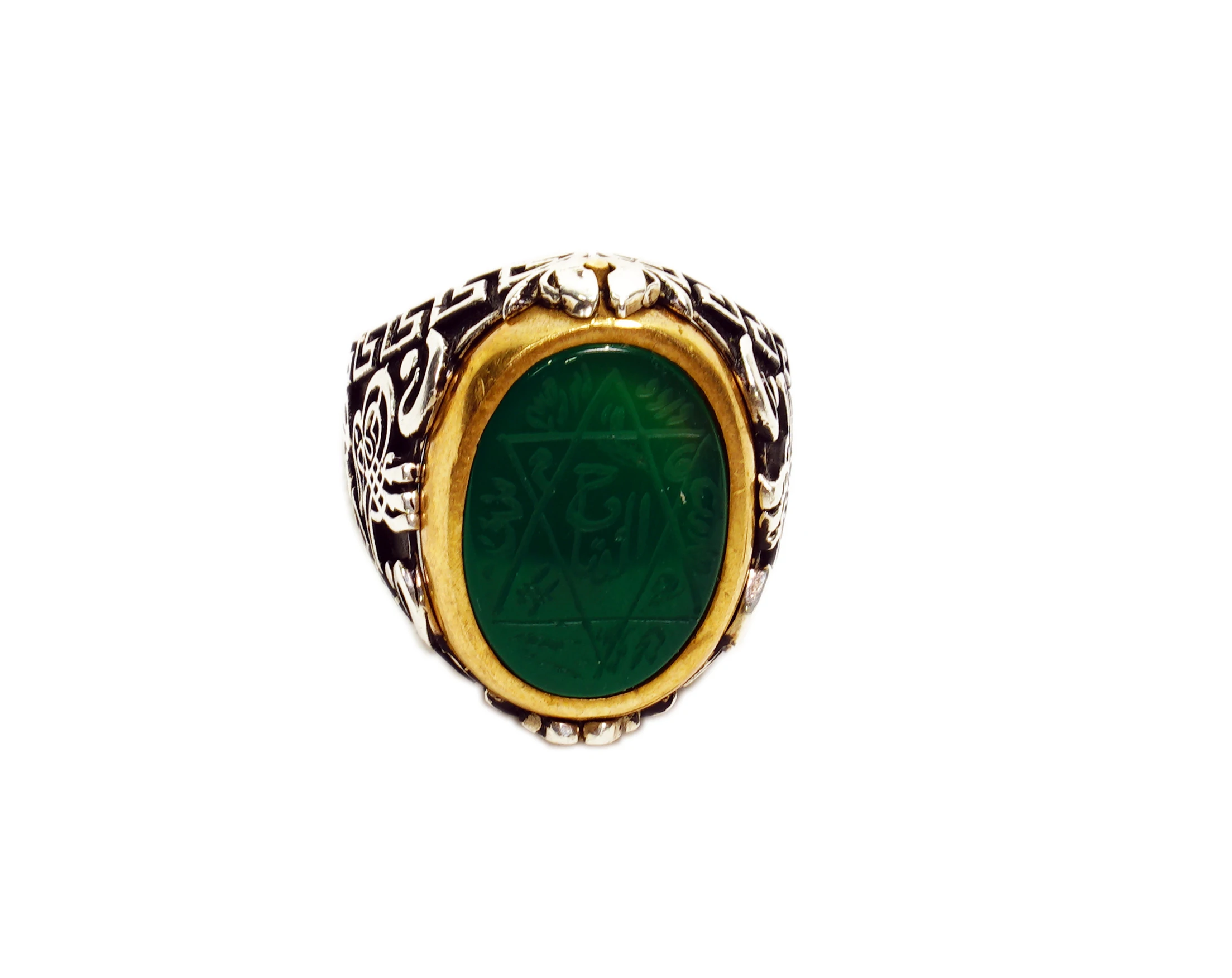 Çift Taraflı Nur Tılsımı ve Hz Süleyman Mührü Kaplan Gözü ve Akik Taşlı Gümüş Erkek Yüzük