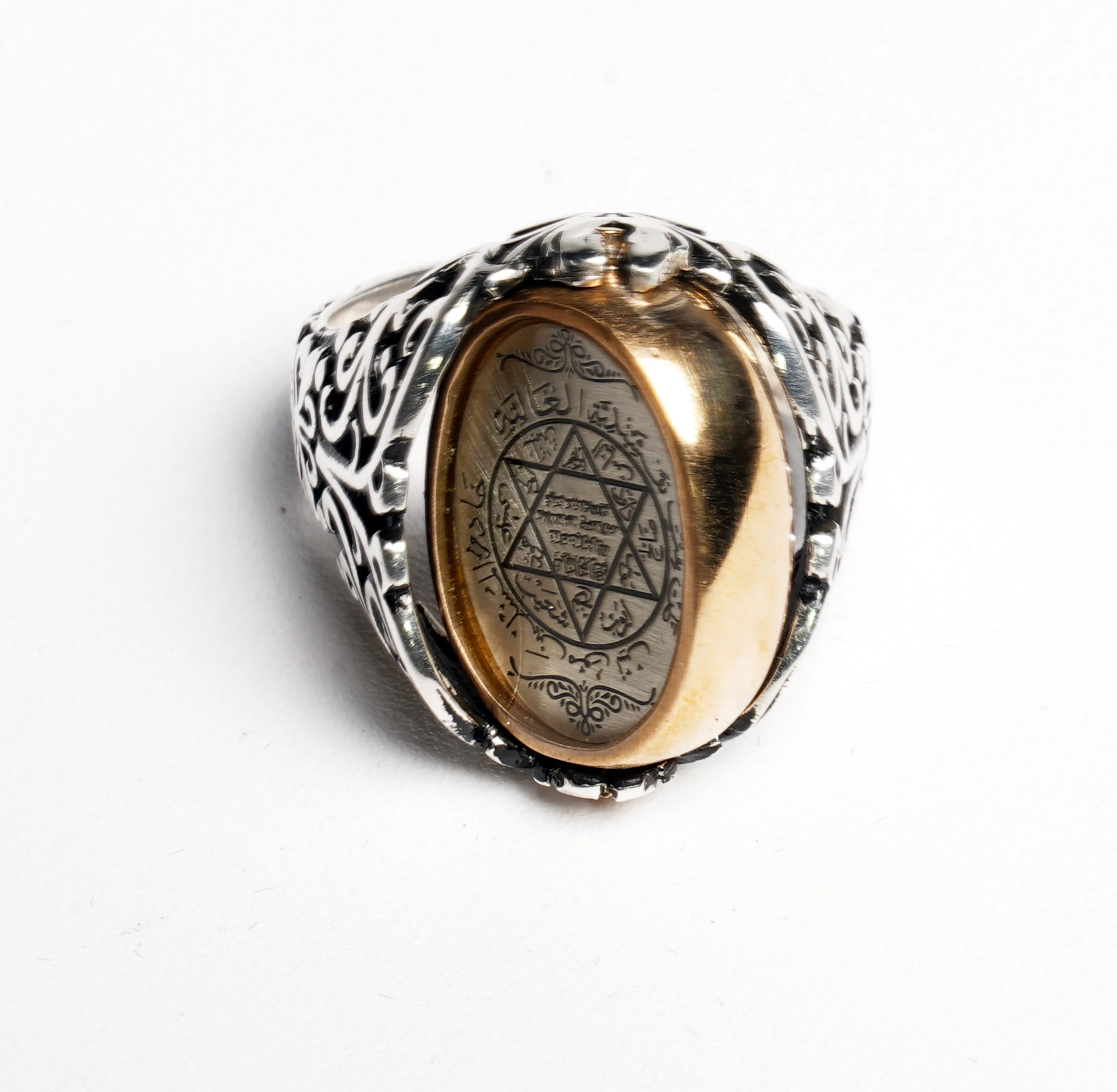 Çift Taraflı Hz. Süleyman Mührü ve Bordo Akik Taşlı Gümüş Erkek Yüzük