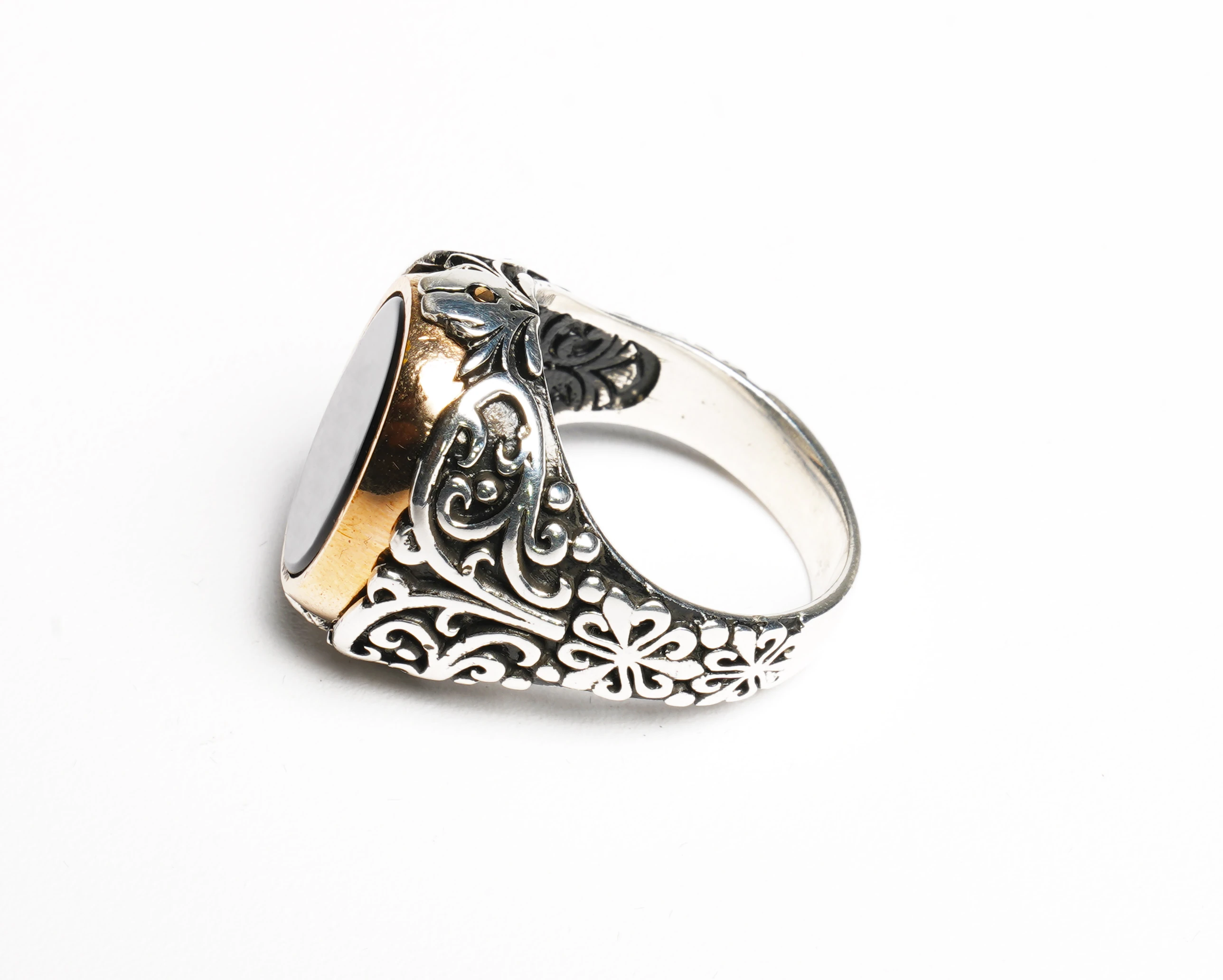 Çift Taraflı Hz. Süleyman Mührü ve Siyah Akik Taşlı Gümüş Erkek Yüzük