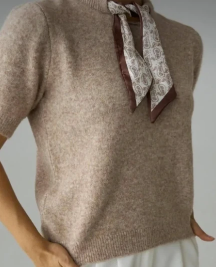 Kadın Bej Fularlı Bisiklet Yaka Kısa Kol Kazak main variant image