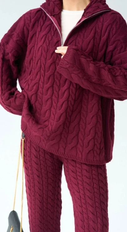 Kamyoner Yaka Saç Örgüsü Bordo Kazak