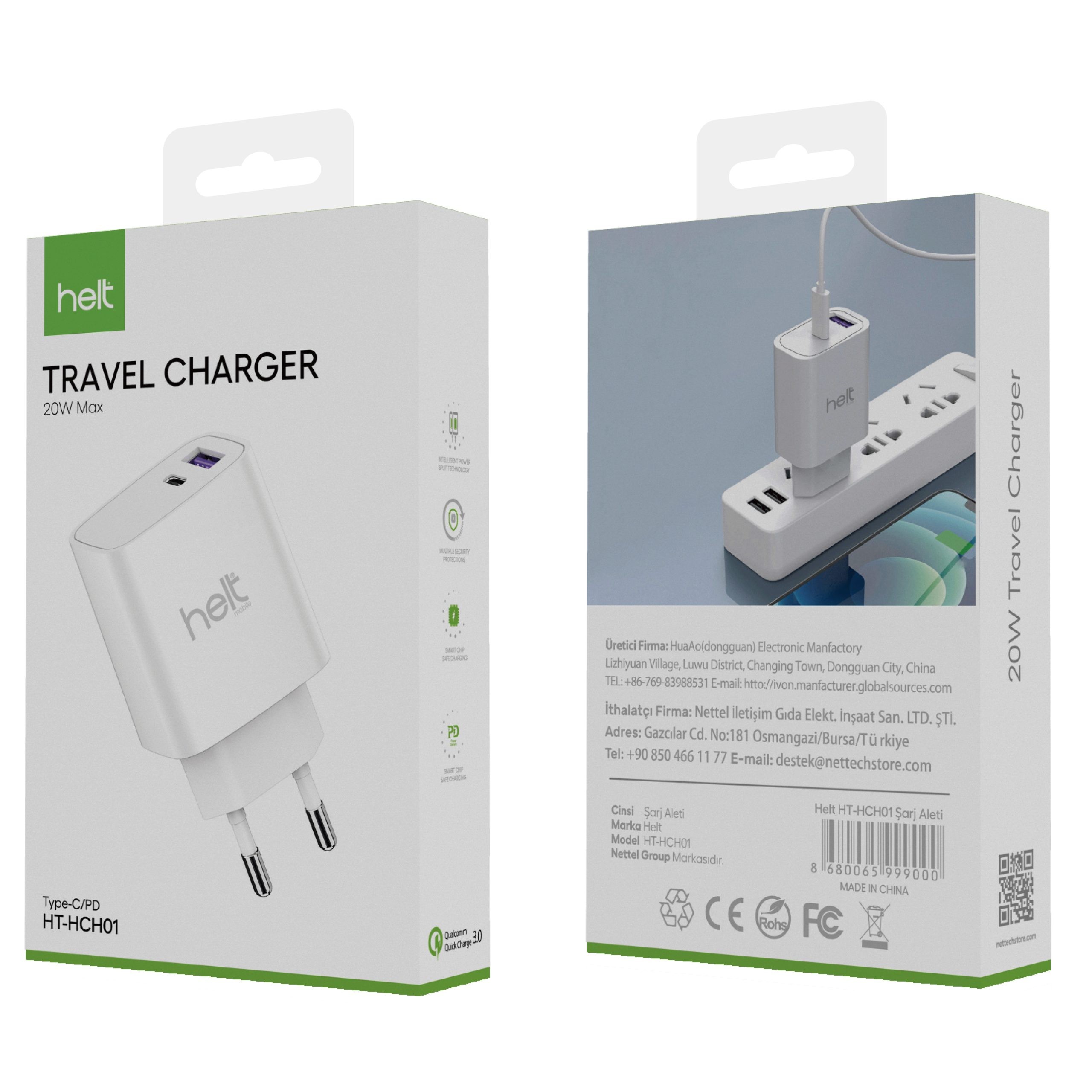 Helt HT-HCH01 USB + Type-C 20W 4100 mAh Şarj Adaptörü