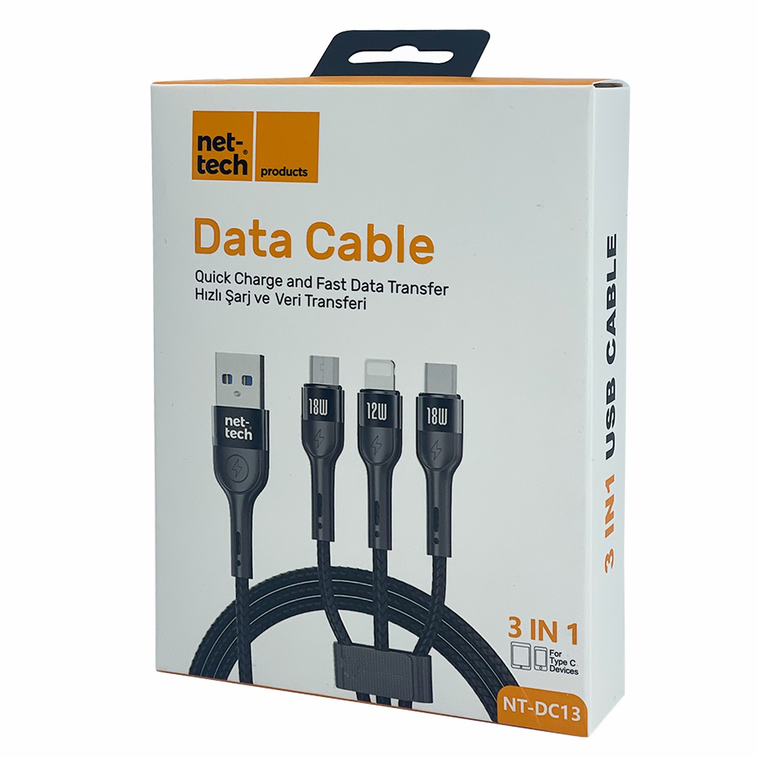 Nettech İp Örgü 100 Cm USB To Micro + Lightning + Type-C Şarj ve Data Kablosu