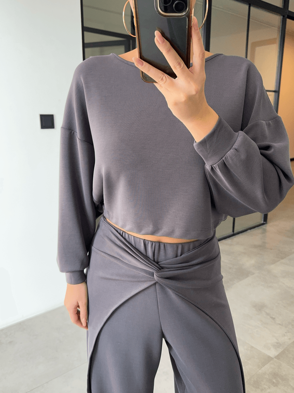 SIRT DEKOLTELİ SWEAT DÜĞÜMLÜ PANTOLON ANTRASİT MODAL TAKIM