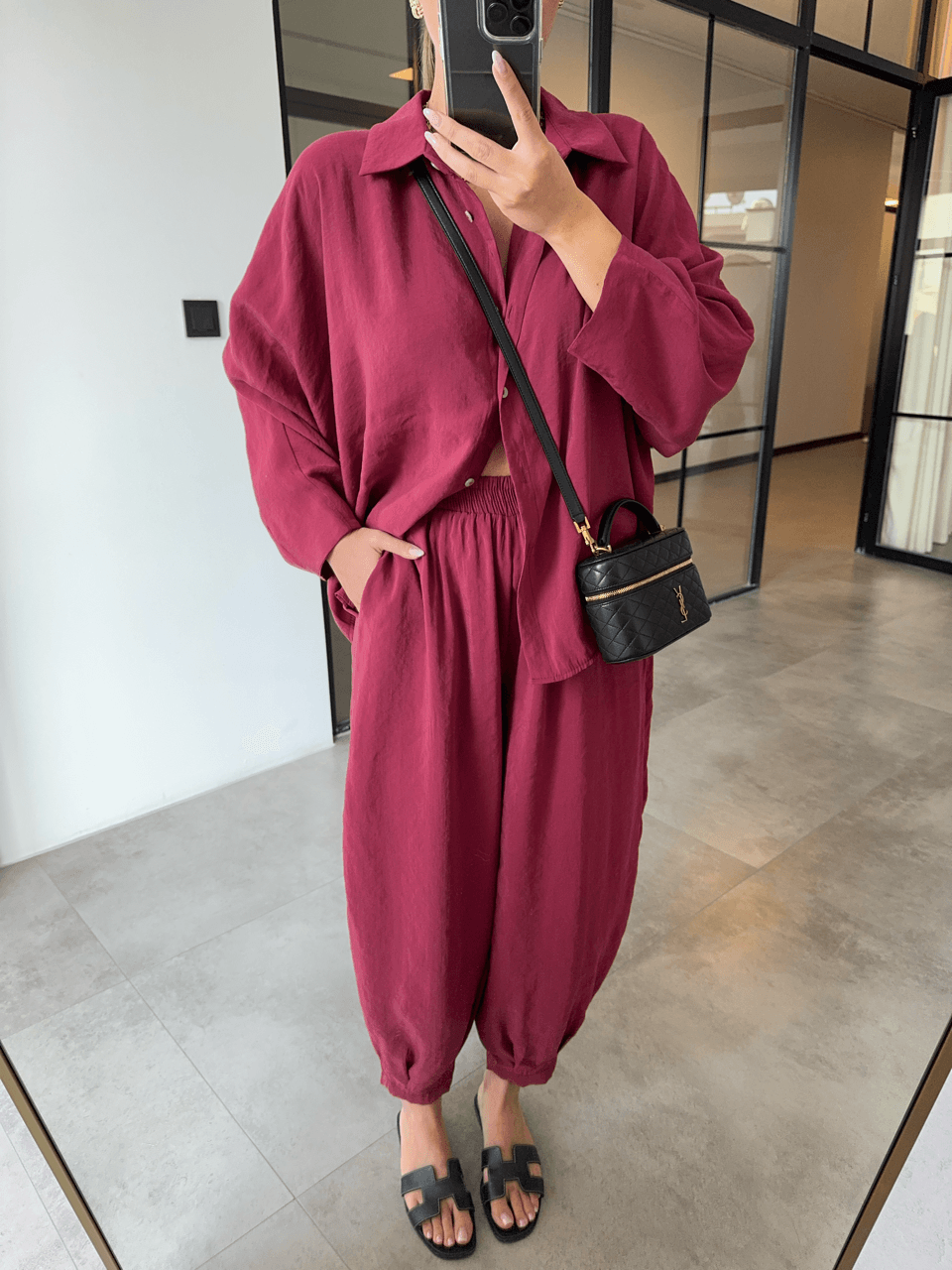 TENCEL KUMAŞ BORDO PANTOLON GÖMLEK TAKIM