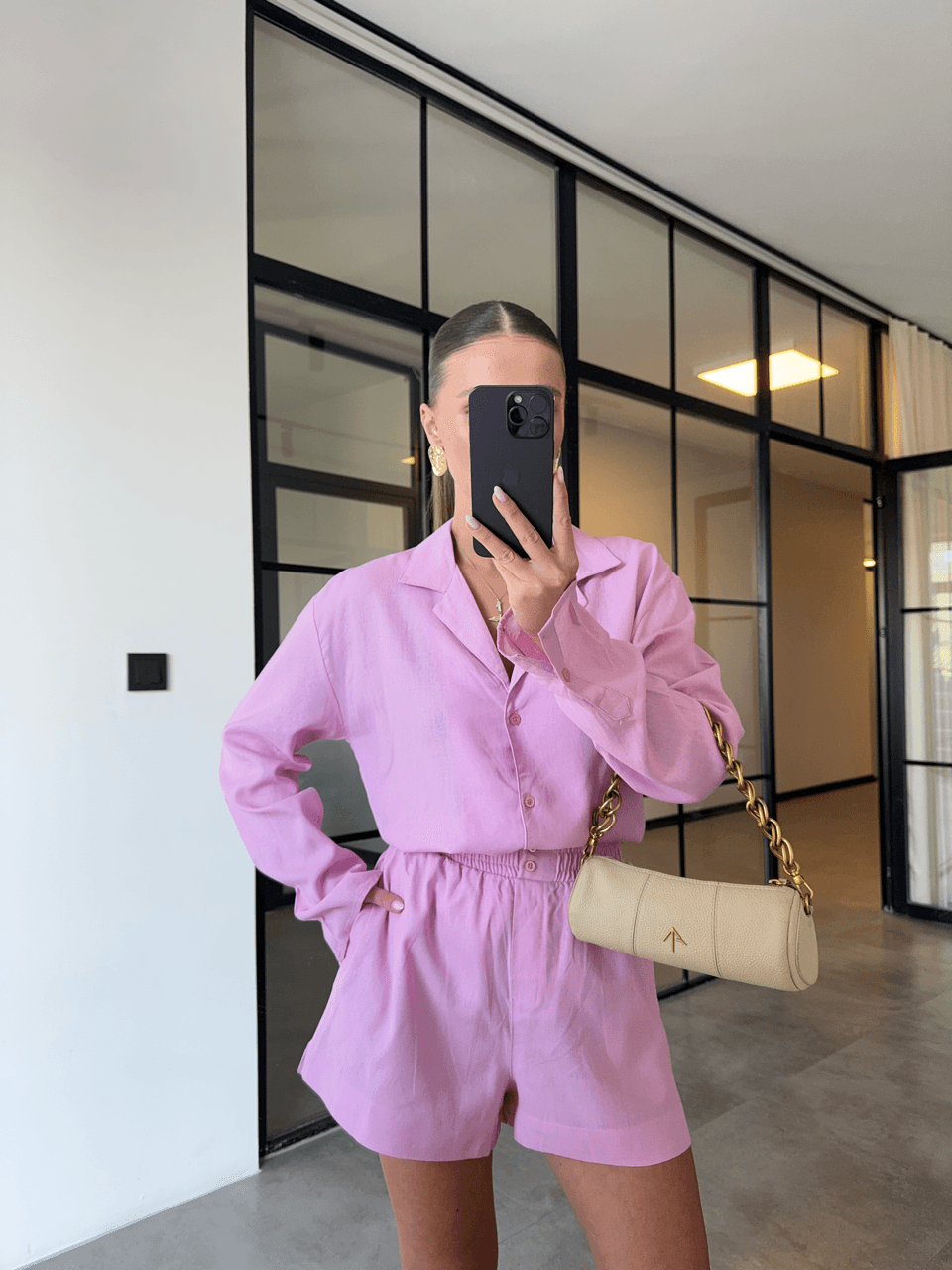LONG SLEEVE SHIRT BUTTONED SHORTS PINK LINEN SET
