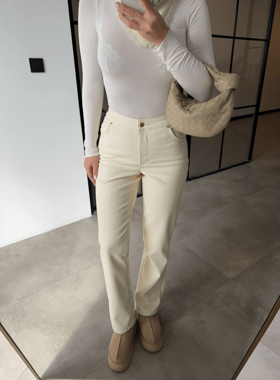 YÜKSEK BEL EKRU DERİ PANTOLON