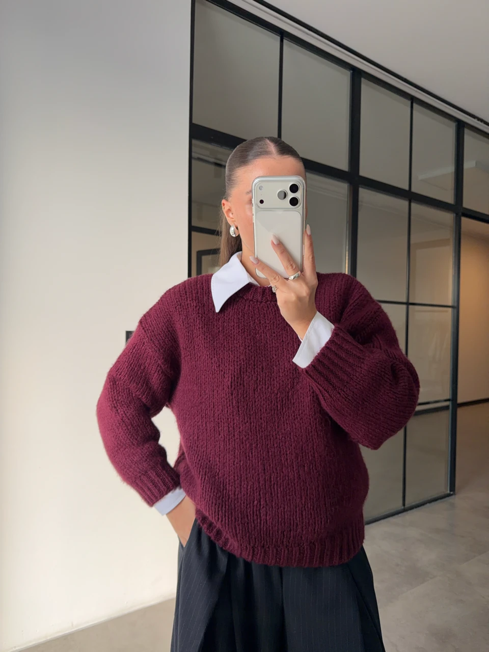 BİSİKLET YAKA KALIN ÖRGÜ KAZAK - Bordo