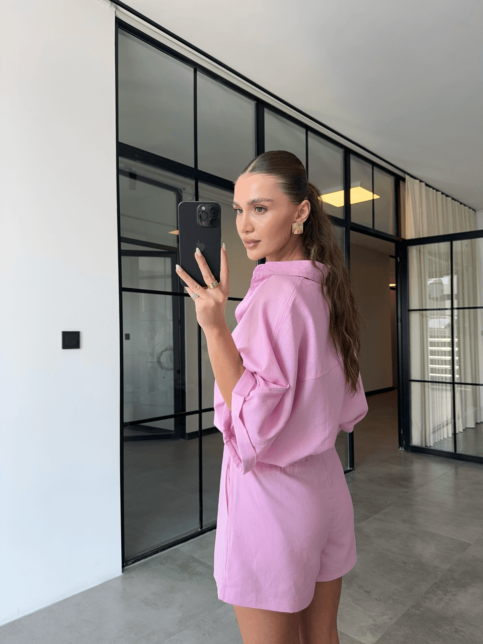 SHORT SLEEVE SHIRT SHORT PINK LINEN SUIT