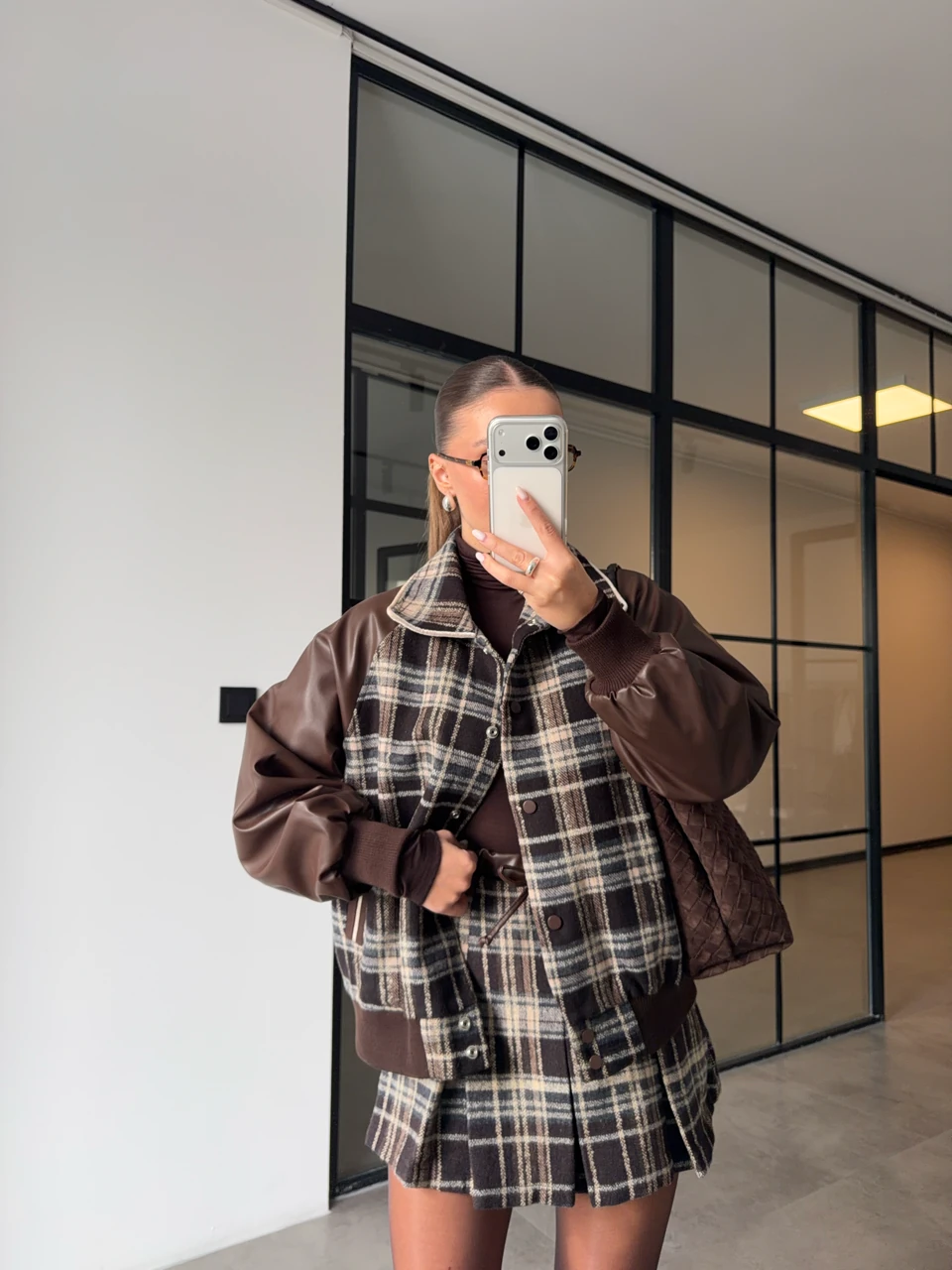 KAŞE EKOSELİ DERİ KOLLU BOMBER CEKET