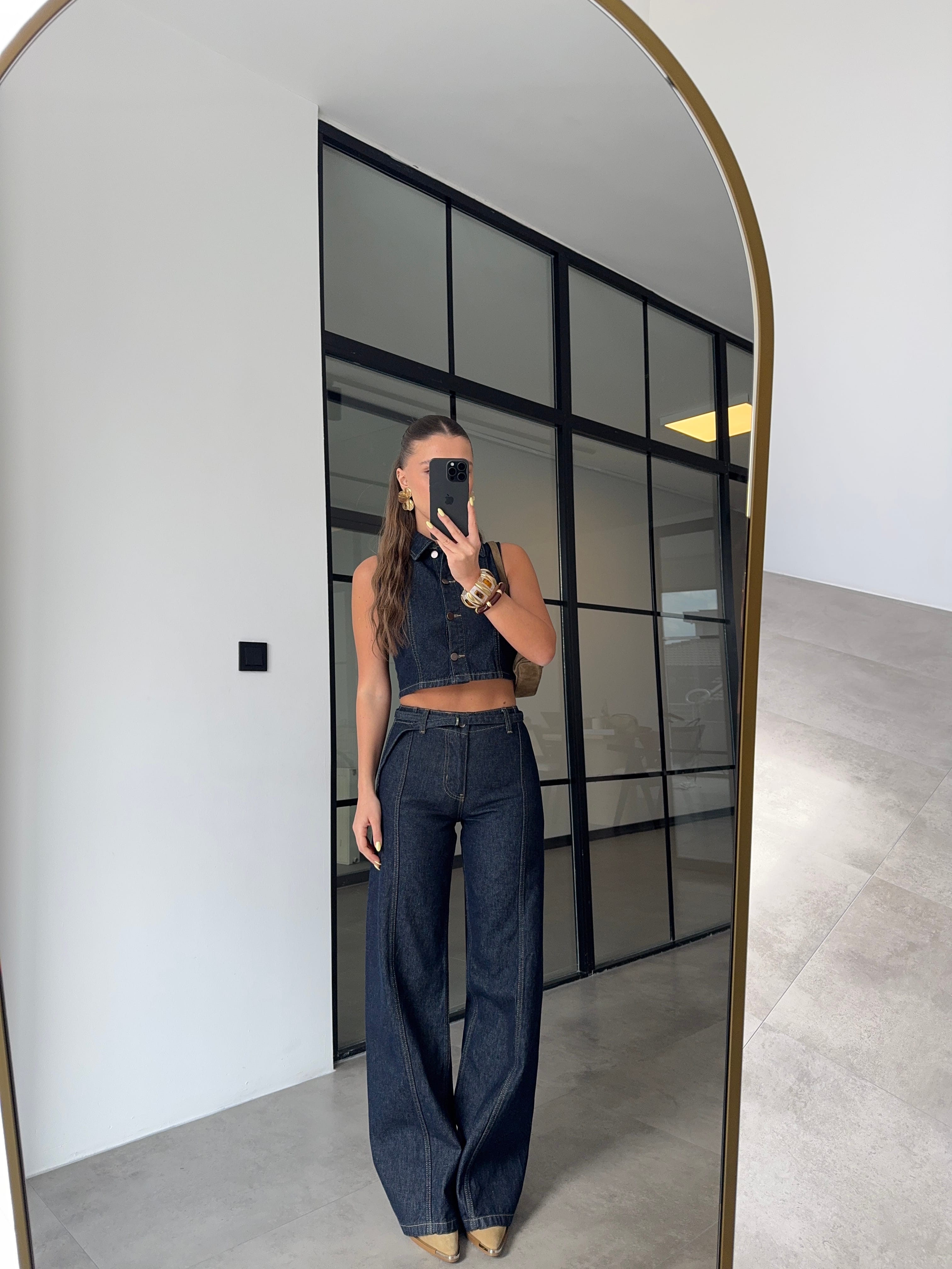 CROP YELEK KEMERLİ PANTOLON DENİM TAKIM