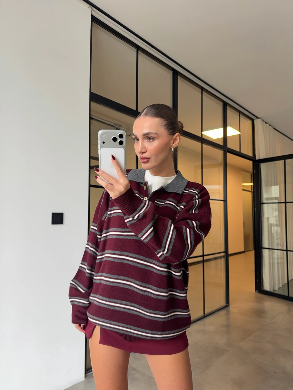 POLO YAKA BORDO ÇİZGİLİ KAZAK