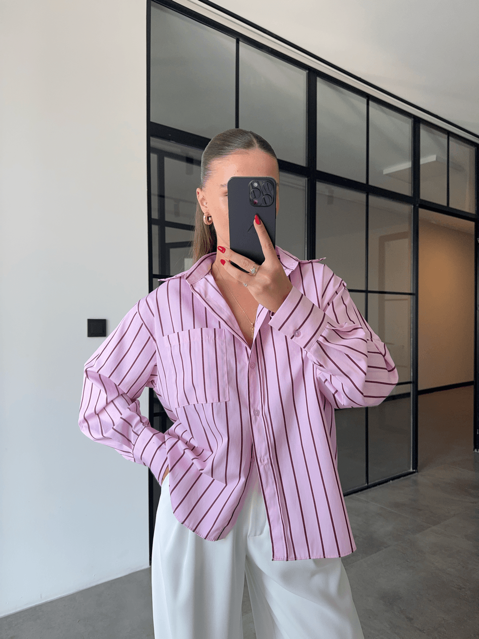 BORDO ÇİZGİLİ PEMBE POPLİN GÖMLEK