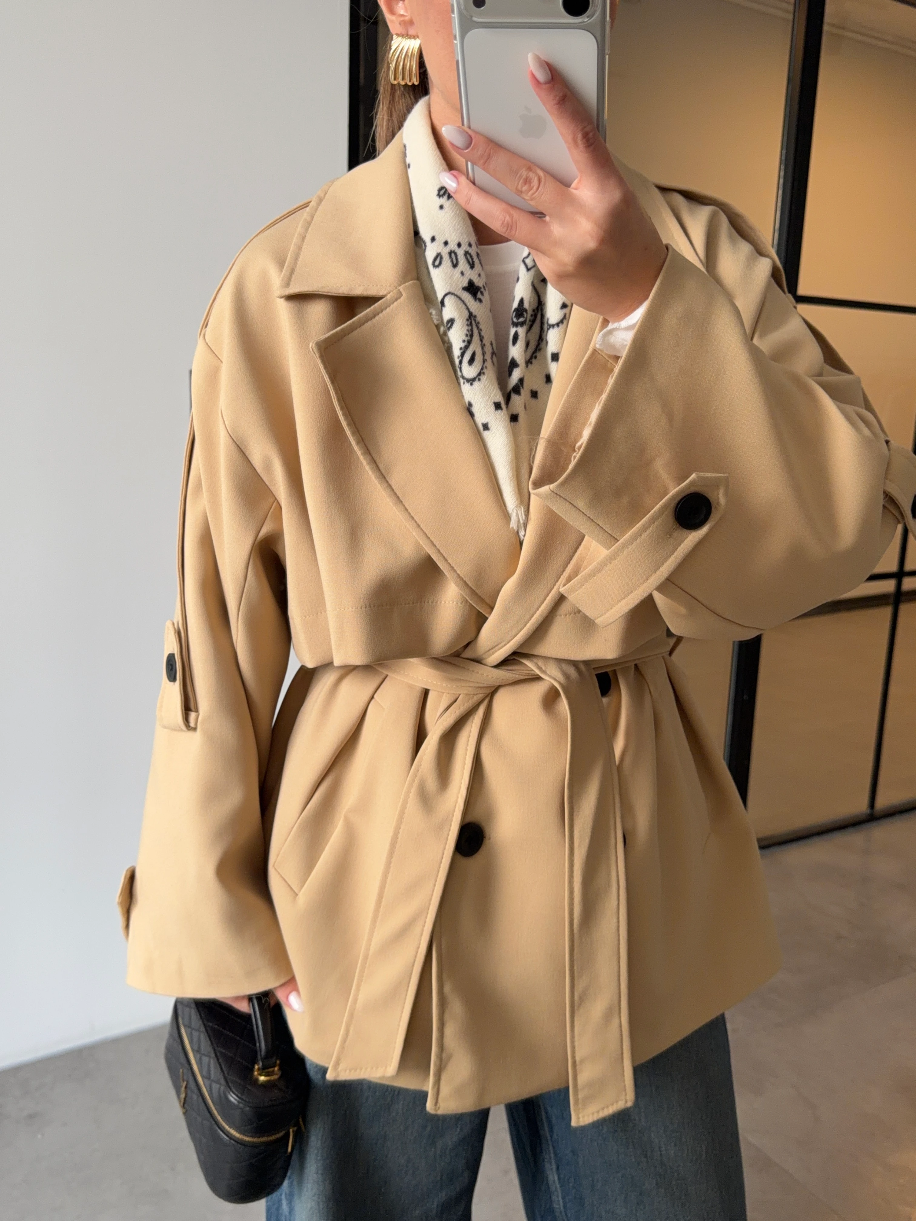 OVERSİZE ARA BOY BEJ RENGİ TRENÇKOT