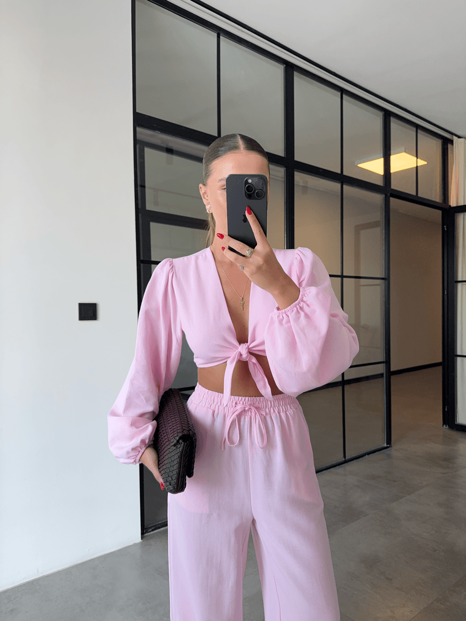 BAĞLAMALI CROP BLUZ PANTOLON PEMBE KETEN TAKIM